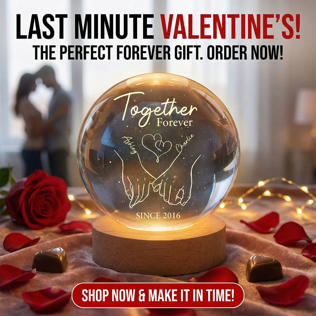 Eternal Love Couple Holding Hands - Personalized Crystal Ball LED Night Light - Valentine's Day Gift For Couple