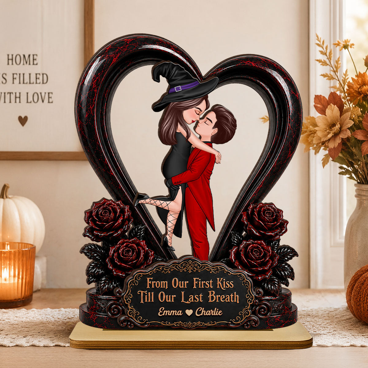 From Our First Kiss Til Our Last Breath Halloween Couple - Personalized 2-Layered Wooden Plaque - Heartfelt Keepsake for Him, for Her