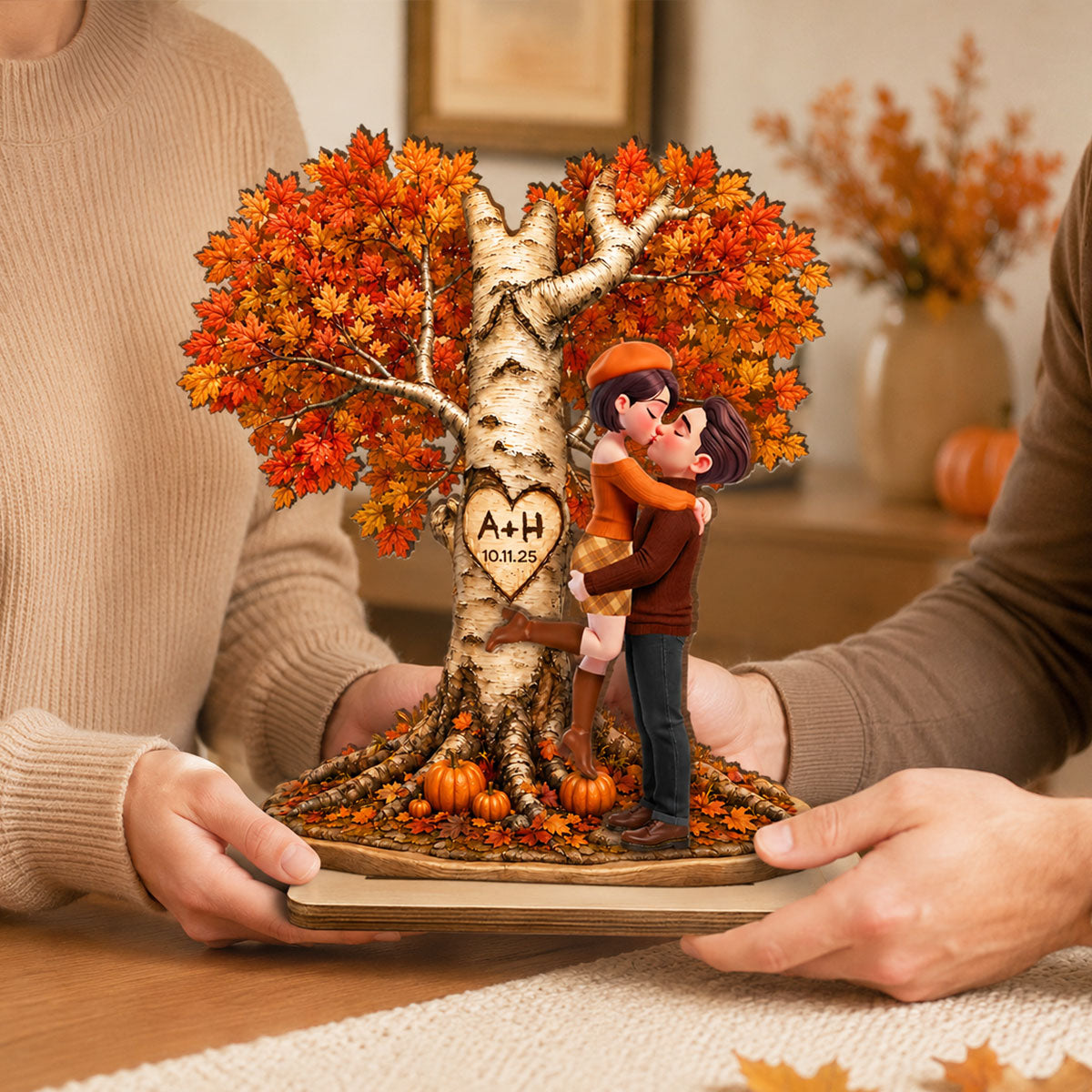 Fall Season Love Tree - Personalized 2-Layered Wooden Plaque - Heartfelt Anniversary Wedding Gift for Her, for Him