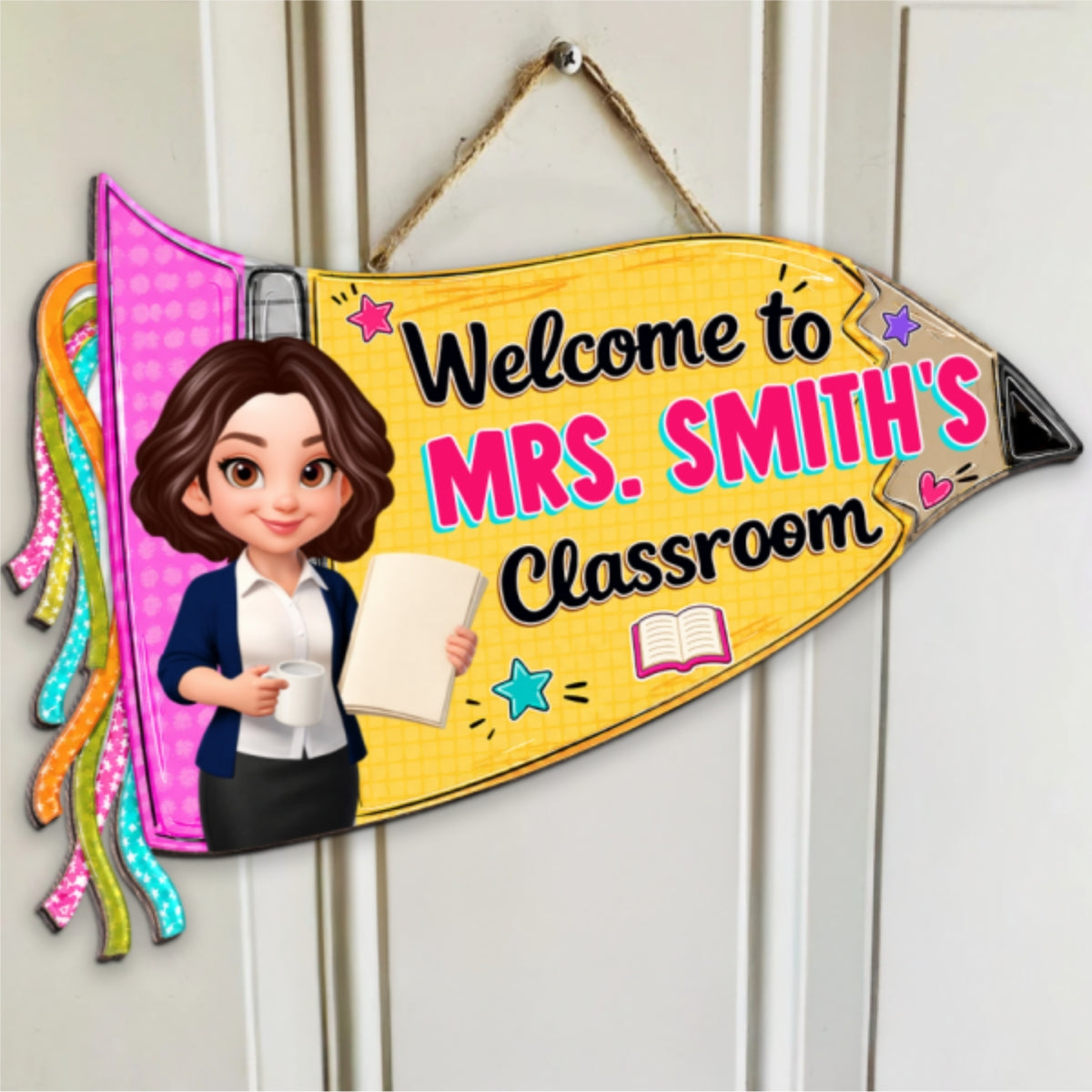 Pencil Pennant Flag Welcome To Teacher Classroom - Personalized Door Hanger