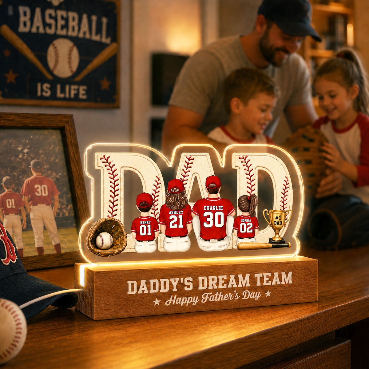 Baseball Family Daddy's Dream Team - Personalized Acrylic Block Plaque LED Night Light - Father's Day Gift For Dad, Husband