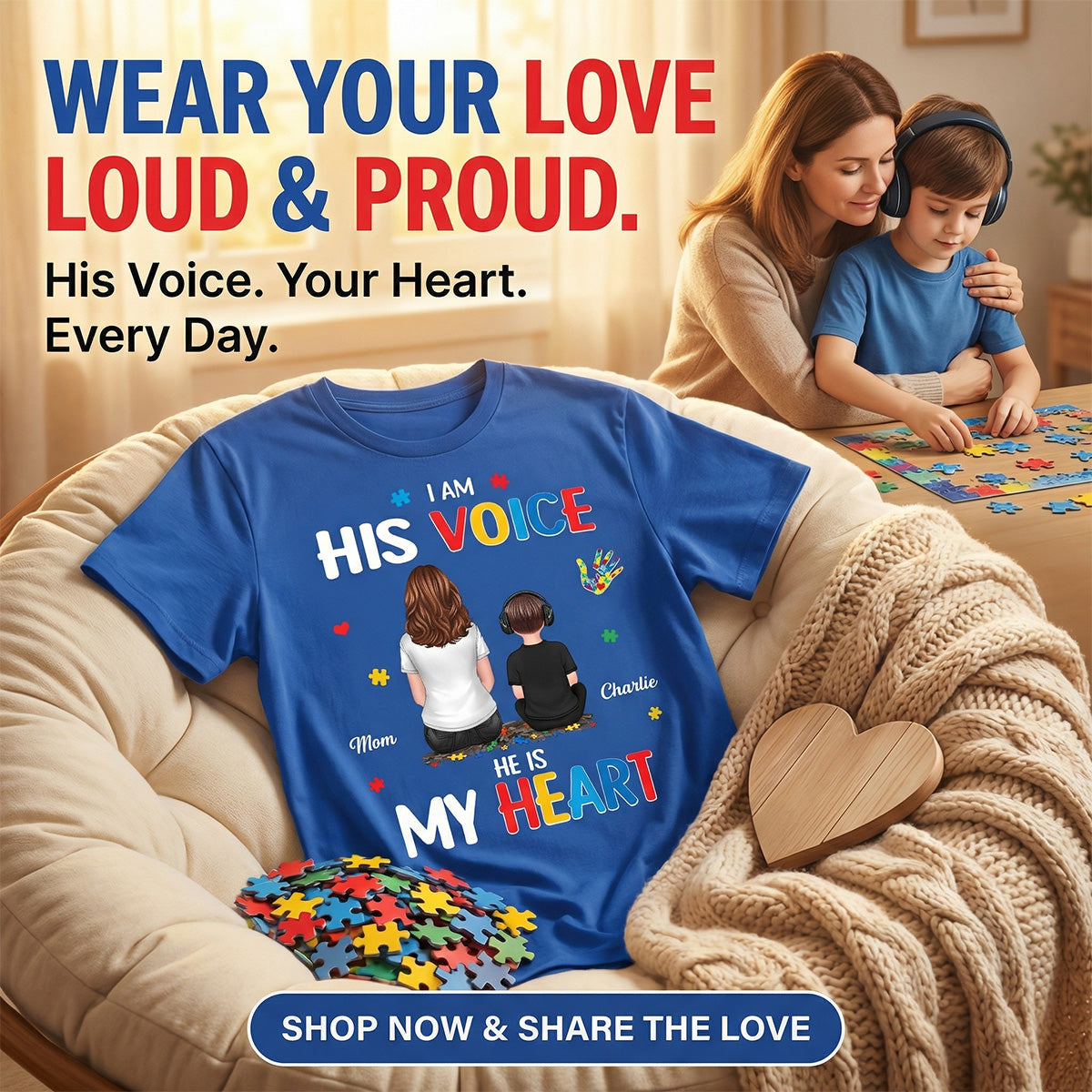 I'm His Voice He's My Heart Autism Back View Parent & Kid - Personalized Shirt - Autism Awareness Shirt