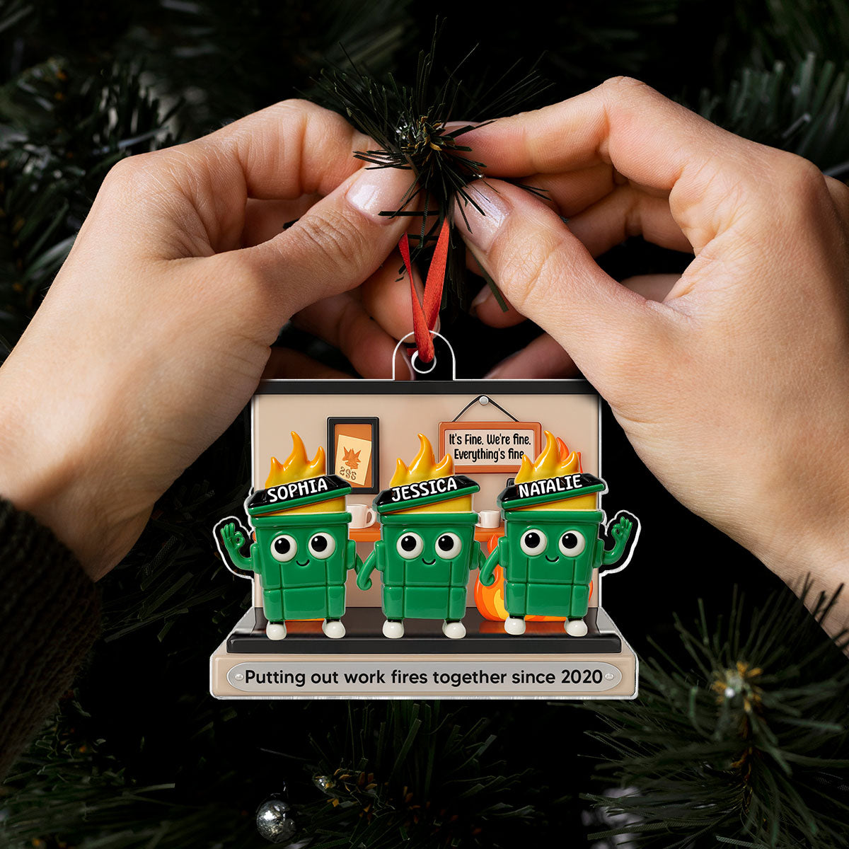 3D Effect Dumpster Fires In Office Scene - Personalized Acrylic Ornament - Funny Gift For Colleagues, Work Besties