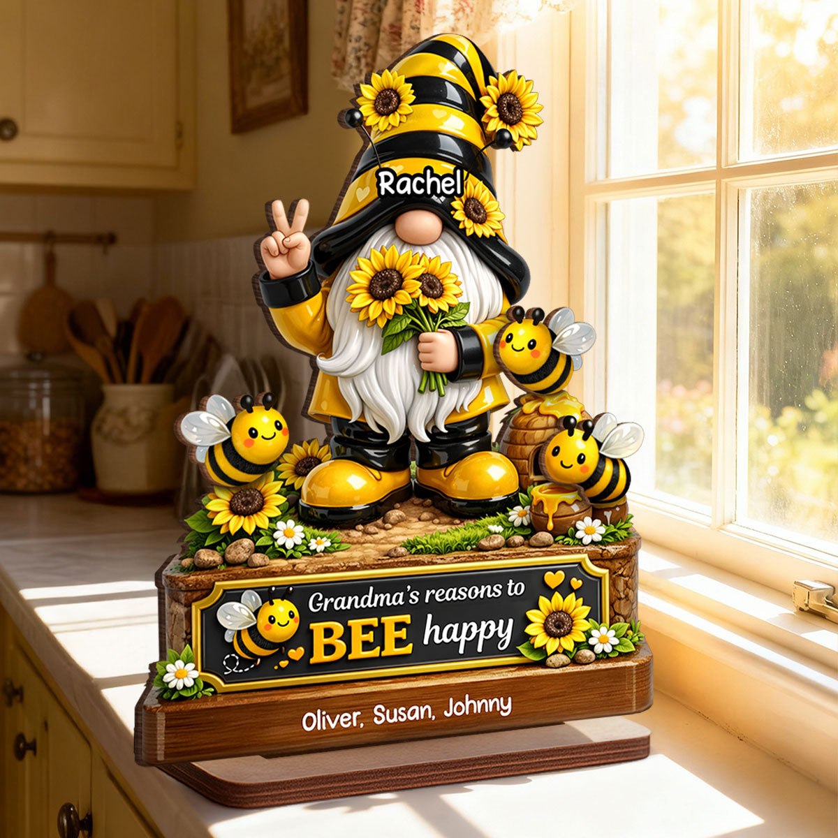 Grandma's Reasons to Bee Happy Cute Gnome - Personalized 2-Layered Wooden Plaque - Heartfelt Gift for Grandma