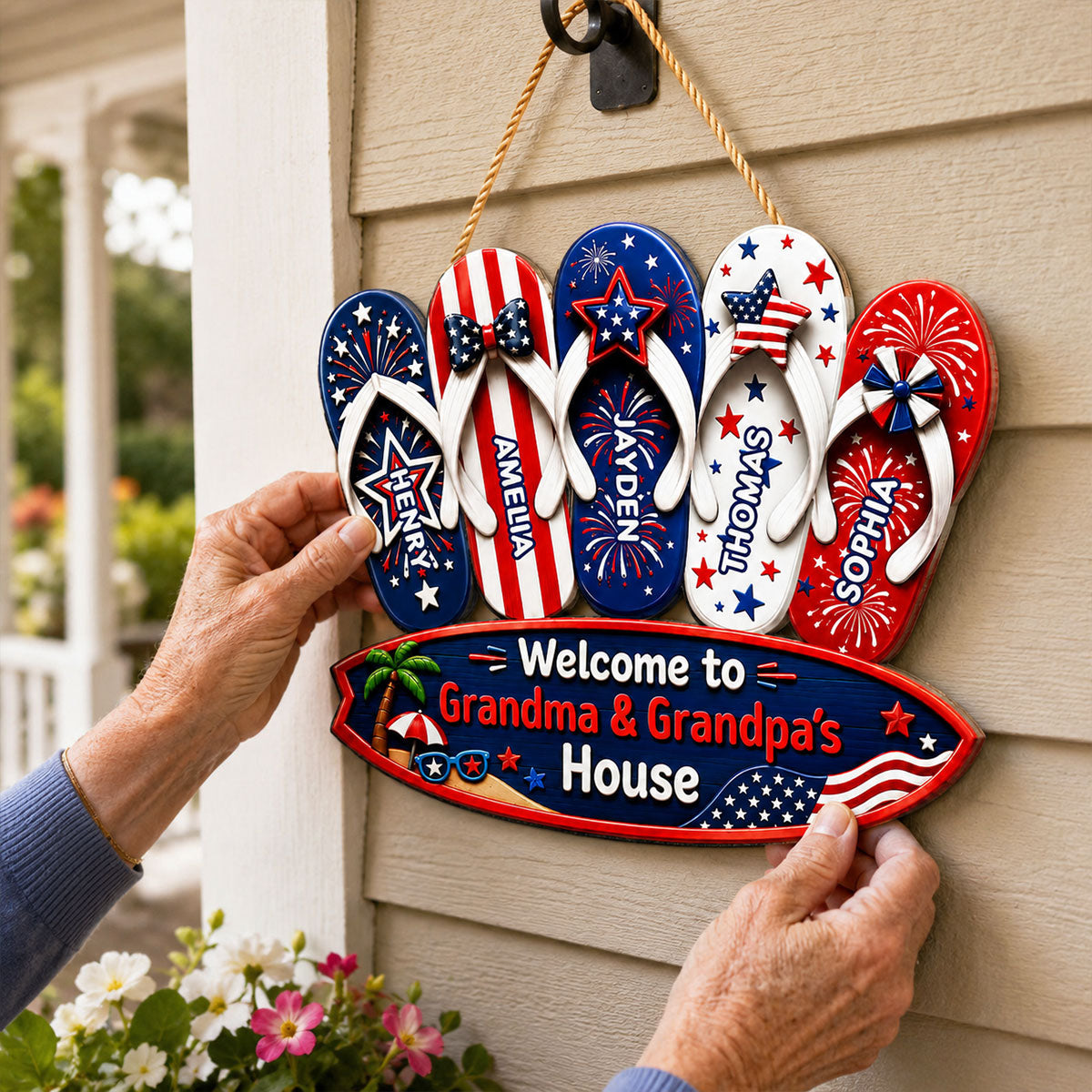 Welcome To Grandma Grandpa House Summer America 250th Anniversary - Personalized Wood Sign - Gift For Grandparents, 4th of July Decoration