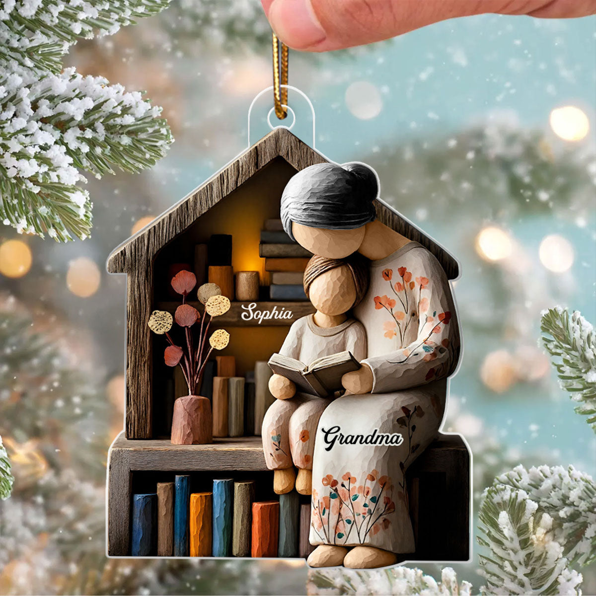 3D Effect Wooden Grandma Grandkid Reading Book - Personalized Acrylic Ornament - Heartwarming Christmas Gift For Grandma, For Family