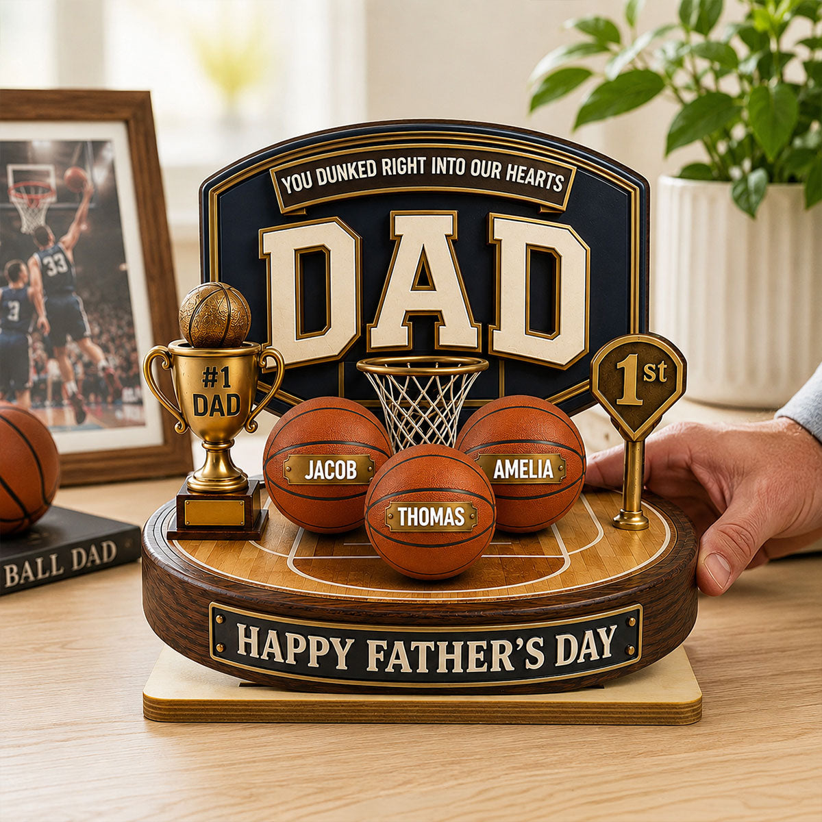 Basketball Trophy You Dunked Right Into Our Hearts - Personalized 2-Layered Wooden Plaque -  Gift For Dad, Husband