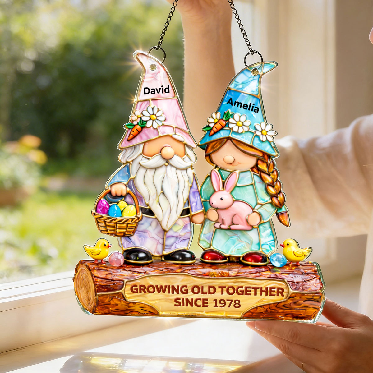 Growing Old Together Since Couple Gnome - Personalized Suncatcher - Gift For Couple, Family