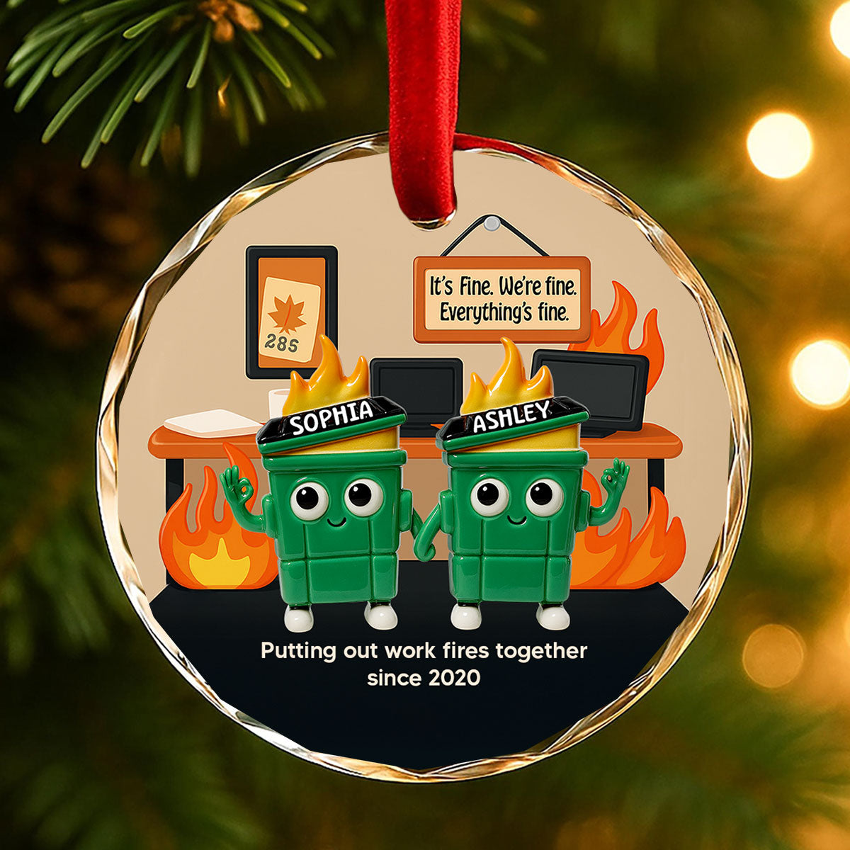 3D Effect Dumpster Fires In Office Scene - Personalized Glass Ornament - Funny Gift For Colleagues, Work Besties