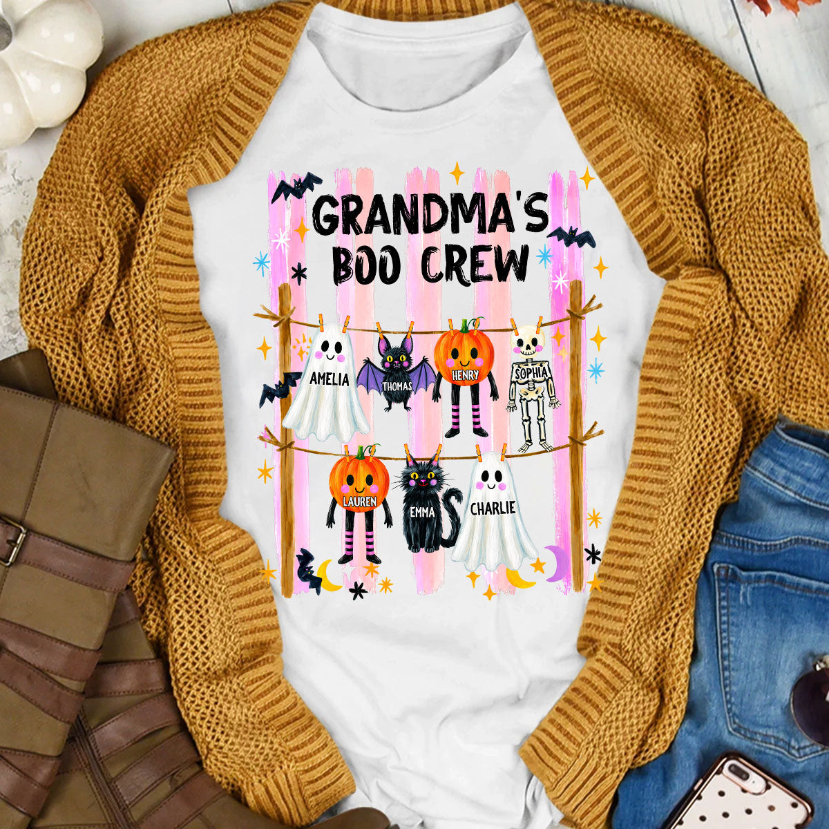Grandma's Boo Crew Preppy Pattern - Personalized Shirt - Trendy Fall Halloween Tee for Grandma