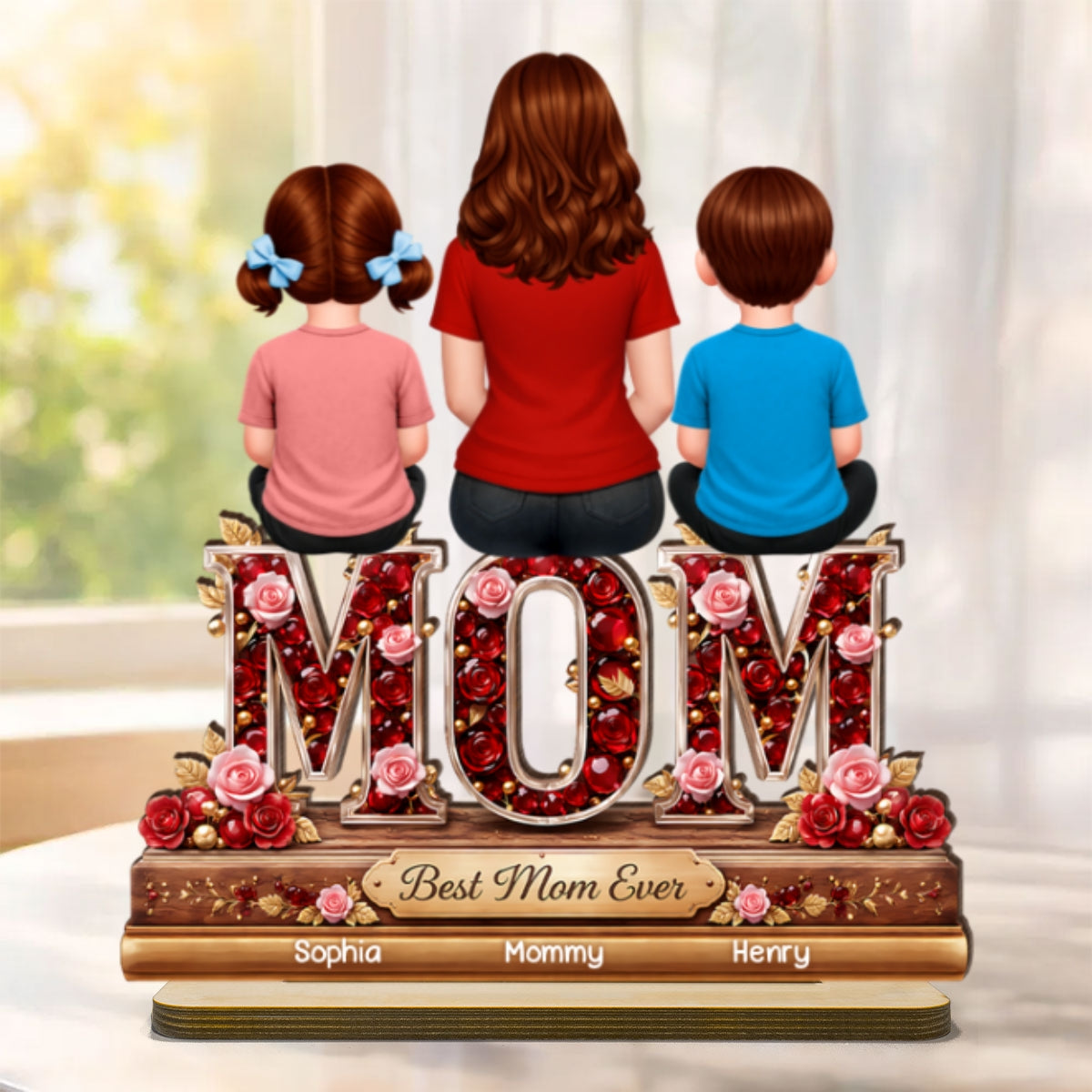 Best Mom Ever Mom Daughters Sons Back View - Personalized 2-Layered Wooden Plaque - Heartfelt Gift For Mom, Grandma