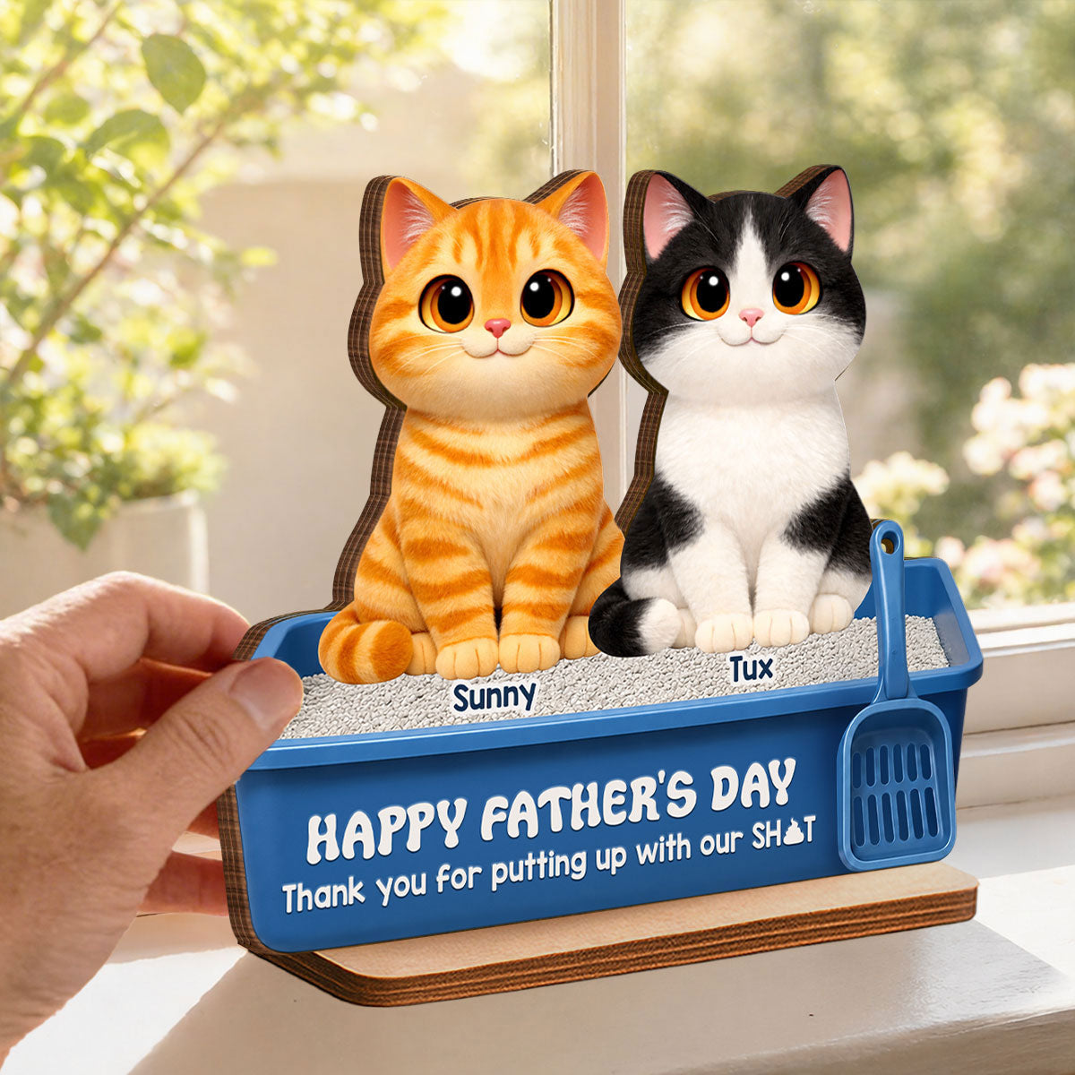 Cute Fluffy Cats Happy  Thanks For Feeding And Scooping Poo 2D Flat - Personalized 2-Layered Wooden Plaque - Funny  Gift For Cat Dad, Cat Lovers