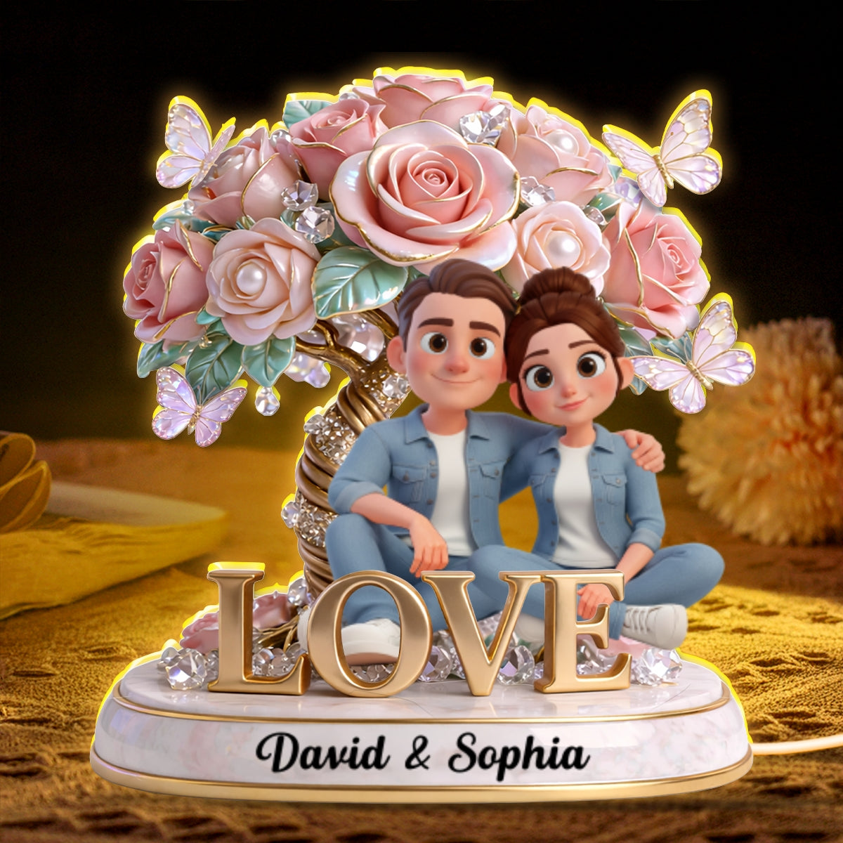 Pink Rose Couple Sitting on LOVE - Personalized Light Box - Heartfelt Valentine's Day Gift for Her, for Him