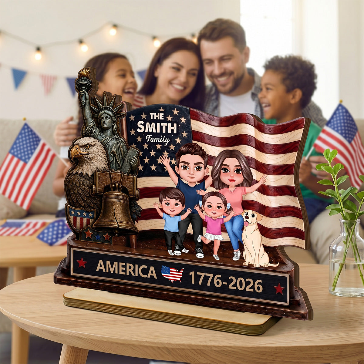 Happy 250th Anniversary 2D Flat - Personalized 2-Layered Wooden Plaque - America 250th Anniversary Keepsake, 4th Of July Family Home Decor