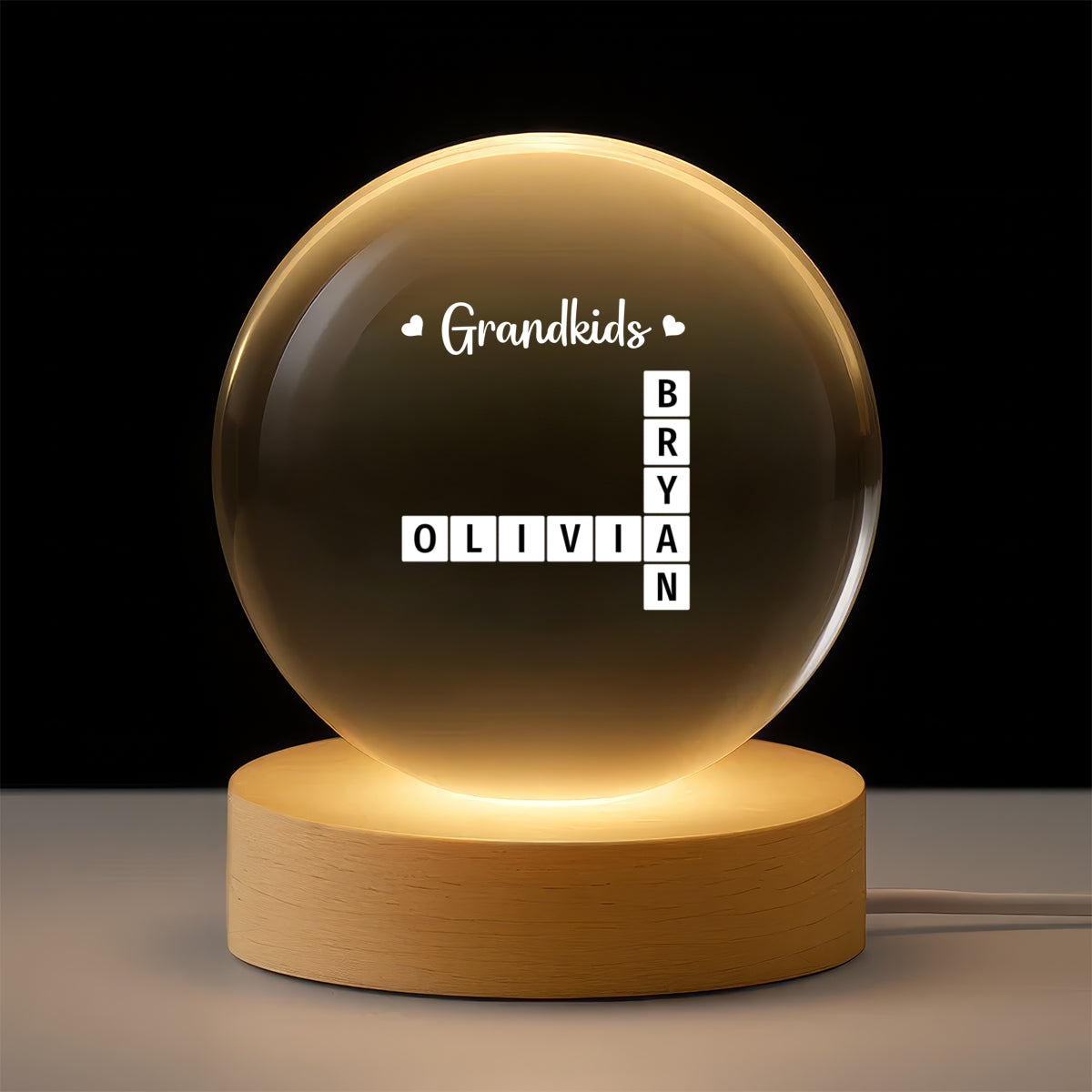 Grandkids Crossword Puzzle Art - Personalized Crystal Ball LED Night Light - Heartfelt Gift For Grandma, Gift For Mom