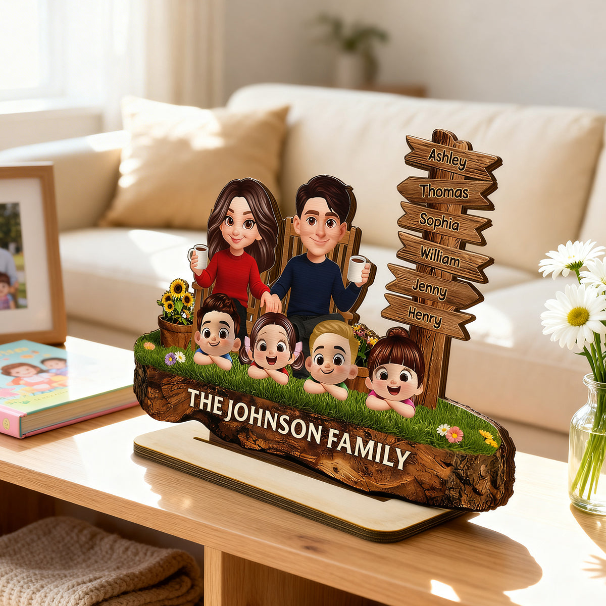 Family Sitting Sign Post - Personalized 2-Layered Wooden Plaque - Heartfelt Rustic Decor, Gift for Mom, Dad