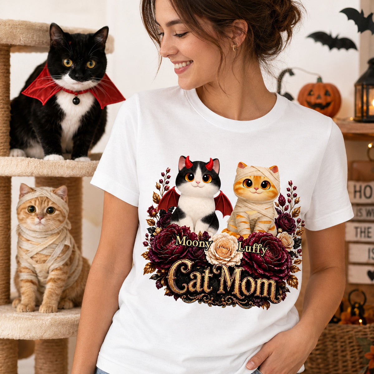 Cats Halloween Preppy Ghost Cherry - Personalized Shirt - Halloween Gift, Gift For Cat Lovers