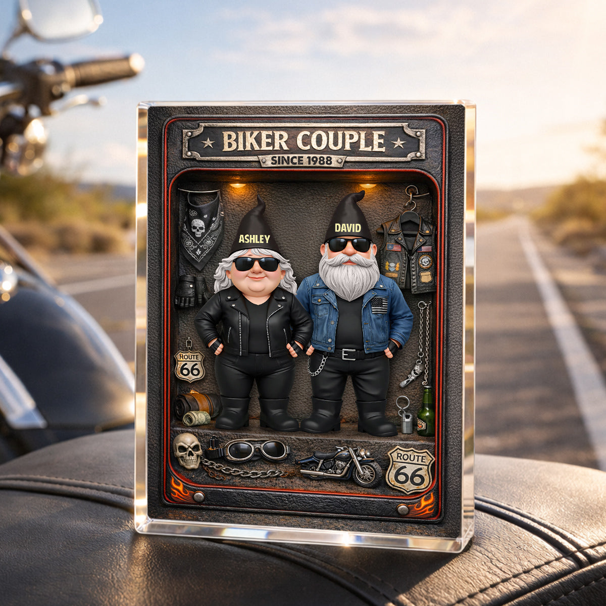 Biker Couple Custom Action Figure - Personalized Acrylic Block Plaque - Anniversary, Valentine's Day Gift, Gift For Him, Gift For Her