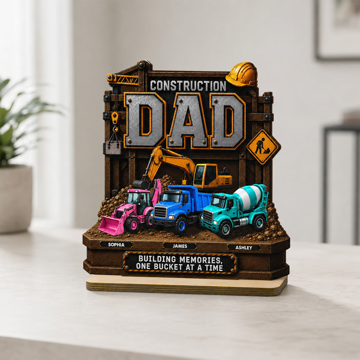 Construction Dad with Kids Names 2D Flat - Personalized Wooden Plaque