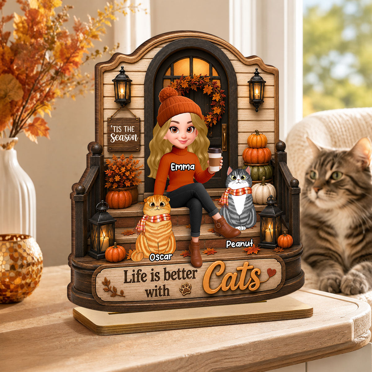 Life is Better with Cats - Personalized 2-Layered Wooden Plaque - Fall Decor for Cat Moms