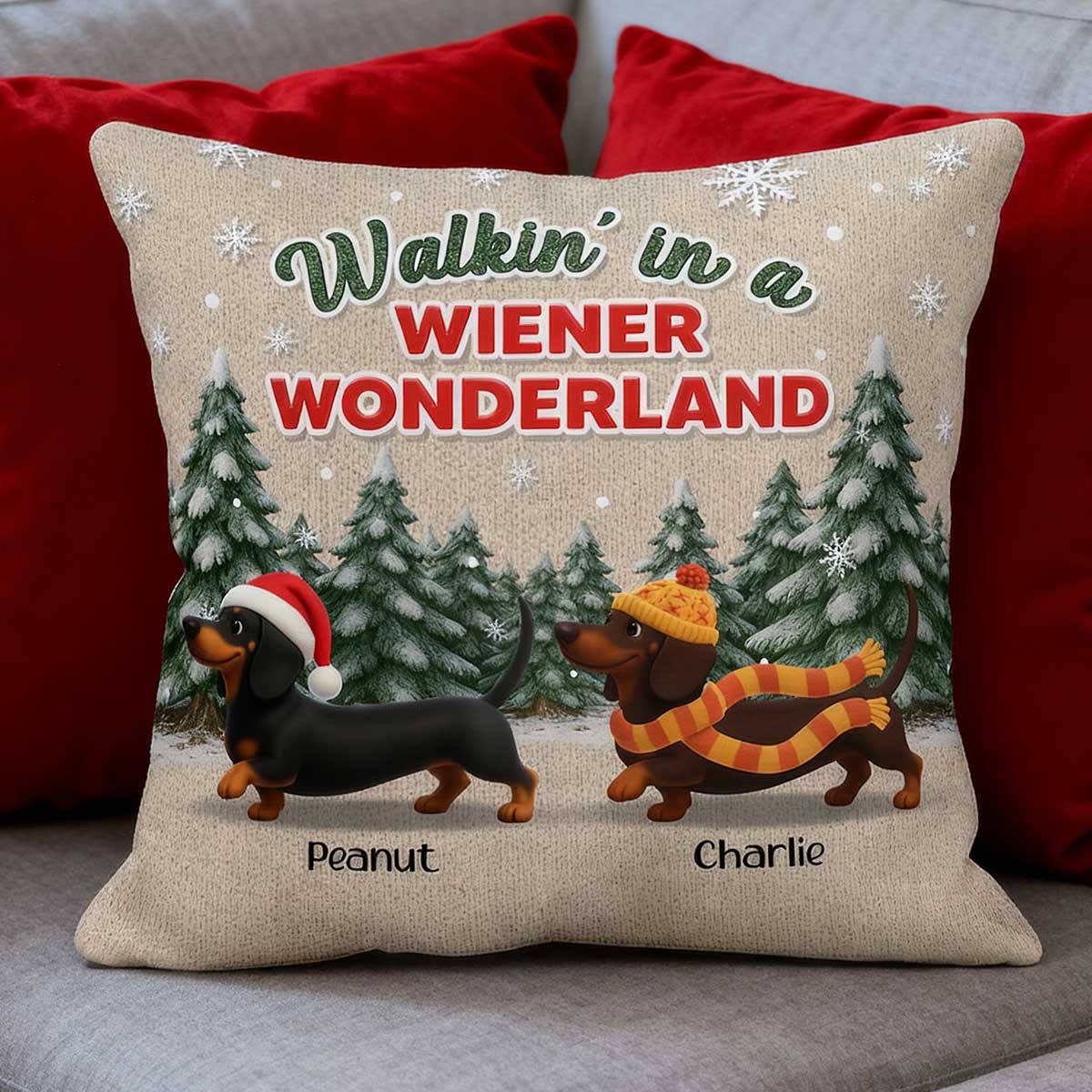 Christmas Dachshunds Walking In A Wiener Wonderland - Personalized Pillow - Gift For Dachshund Lovers