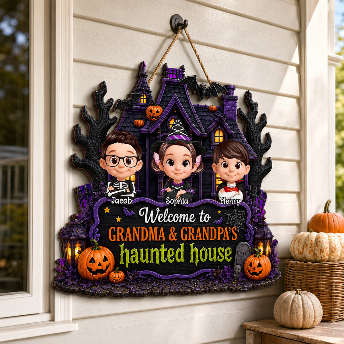 Halloween Vibe Welcome to Grandma Grandpa's House - Personalized Door Hanger Sign - Halloween Decor
