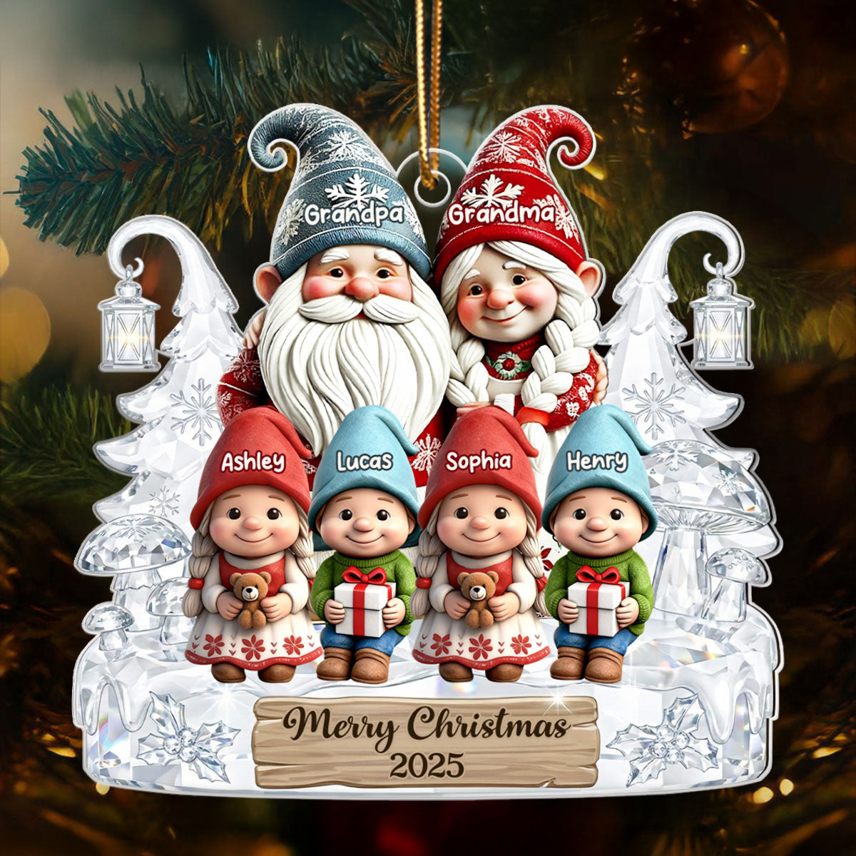 Grandpa Grandma And Grandkids Gnome Crystal Pattern - Personalized Acrylic Ornament - Heartwarming Christmas Gift For Grandma, Grandpa, Family
