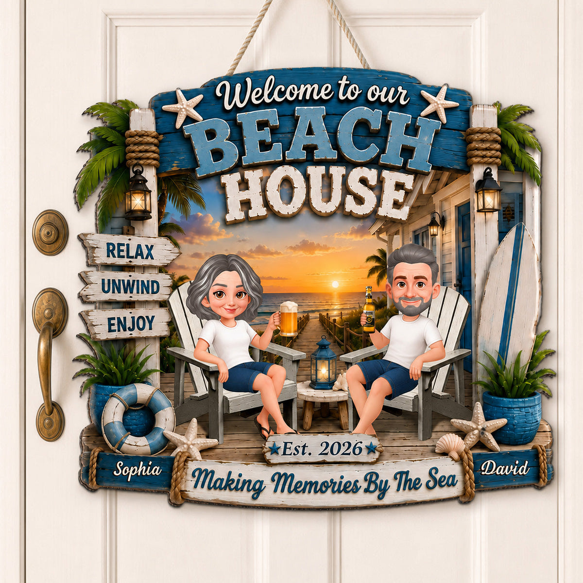 Welcome To Our Beach House - Personalized Wood Sign - Gift For Couple, Summer Decoration
