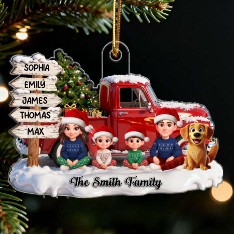 3D Effect Christmas Nostalgia Christmas Truck Sign Posts Beautiful Family Together - Personalized Acrylic Ornament - Gift For Family