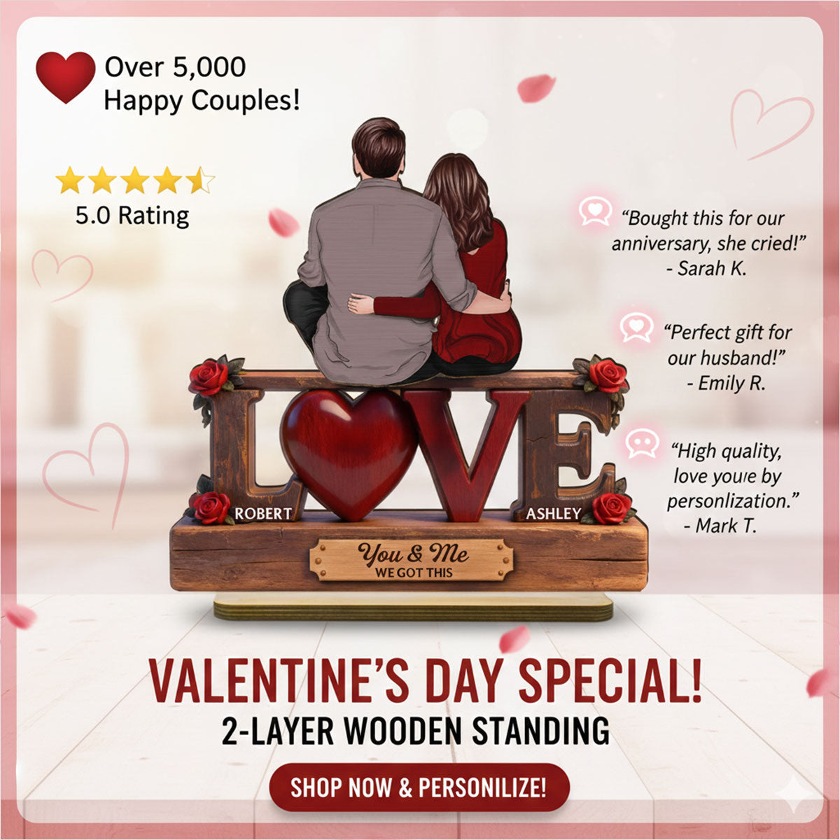 Roses LOVE Back View Couple Sitting Embracing - Personalized 2-Layered Wooden Plaque - Valentine's Day Gift For Couple, For Him, For Her