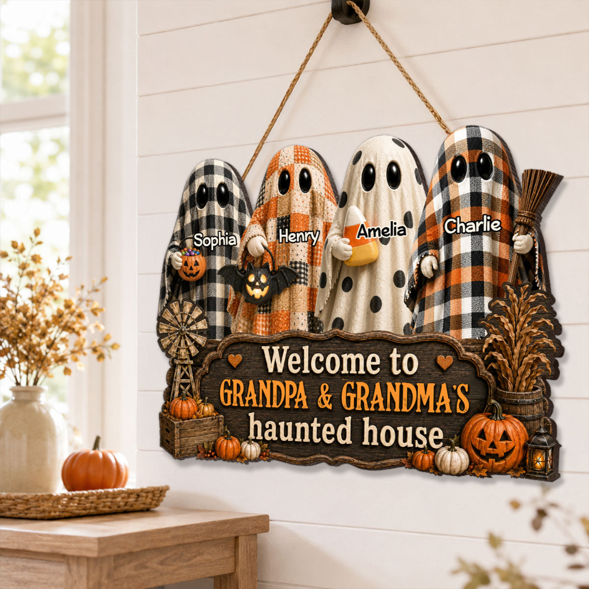 Halloween Farmhouse Style Welcome To Grandma Grandpa Haunted House - Personalized Wood Sign - Halloween Decoration For Grandparents