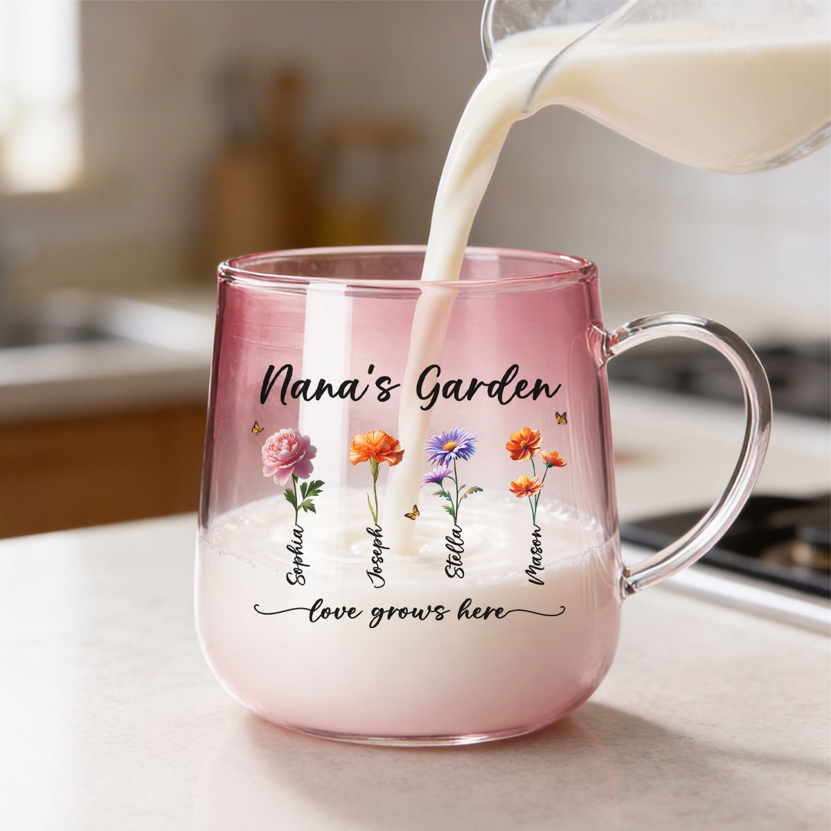 Grandma's Garden Love Grows Here - Personalized Glass Mug - Custom Birth Flowers, Mother's Day Gift for Mom, Grandma, Wife