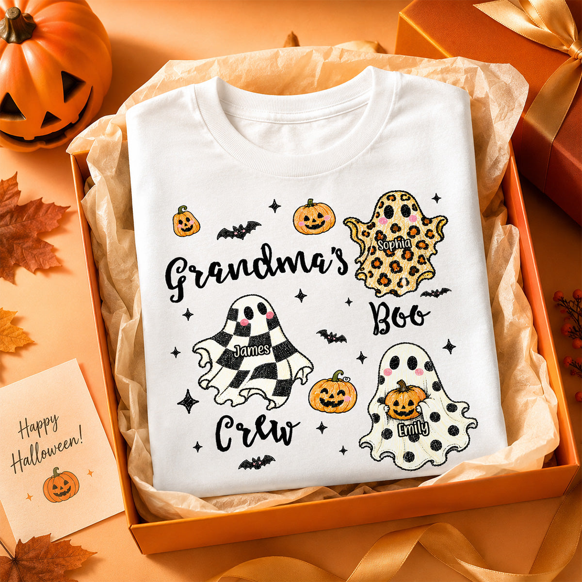 Grandma's Boo Crew Checkered Leopard Polka Dot Ghosts - Personalized Shirt - Perfect Halloween Costume for Grandma