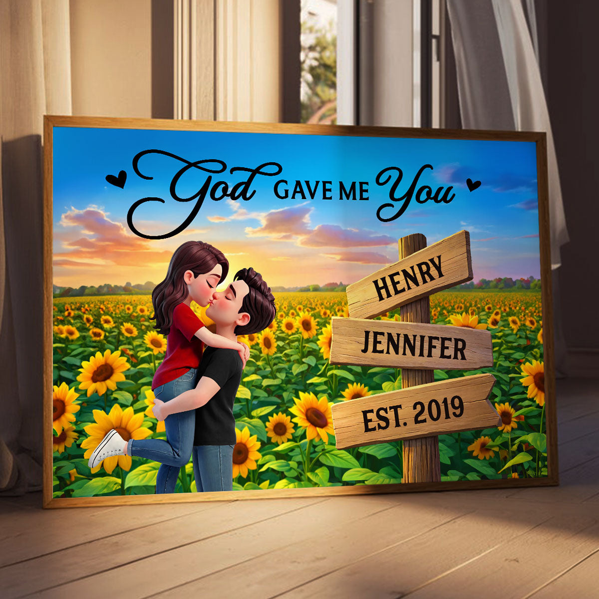 Eternal Love Couple Hugging Kissing Sunflower Field Sign Posts - Personalized Poster - Heartfelt Valentine, Anniversary Gift For Him, For Her