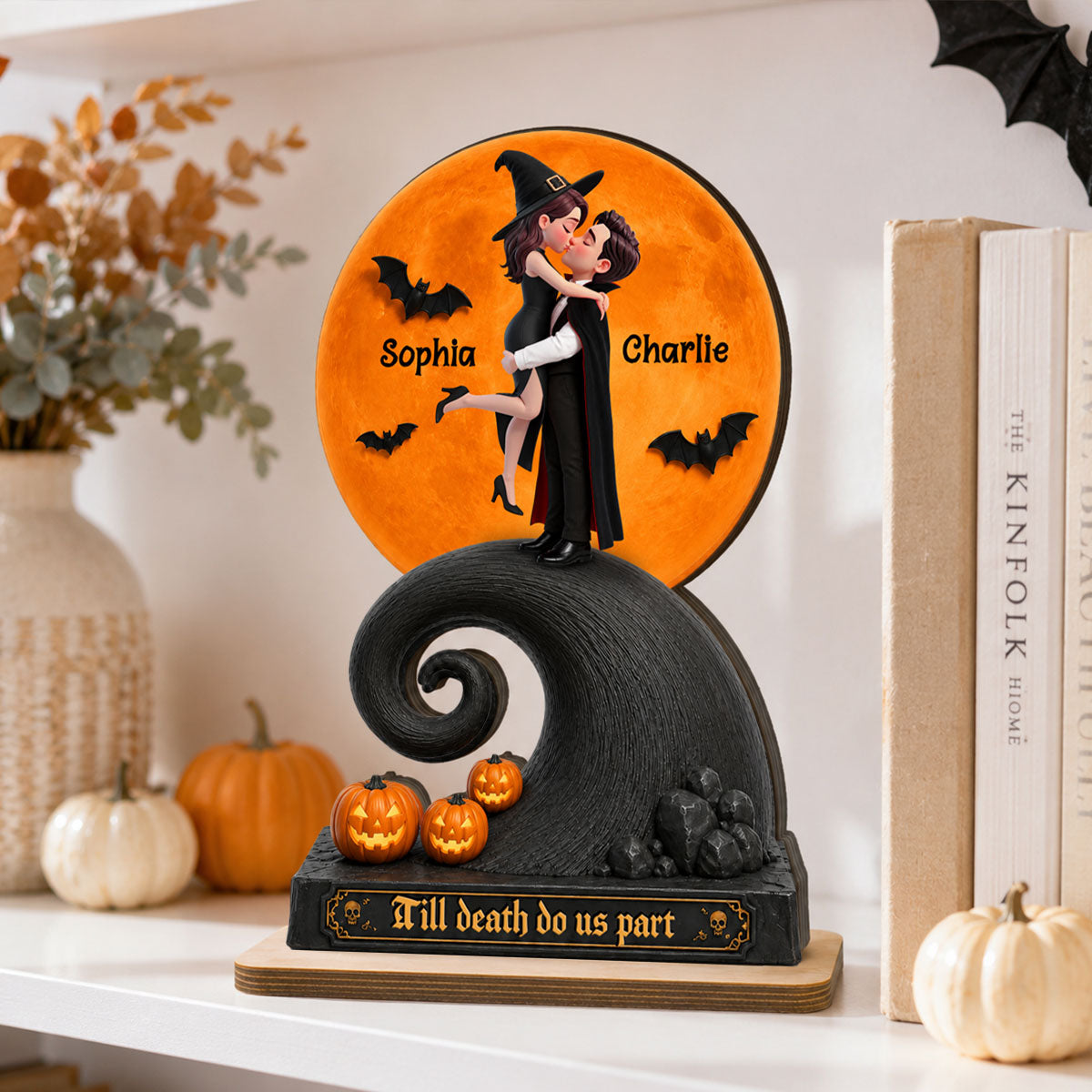 Our Love Beneath The Halloween Moon - Personalized 2-Layered Wooden Plaque - Halloween Gift For Couple