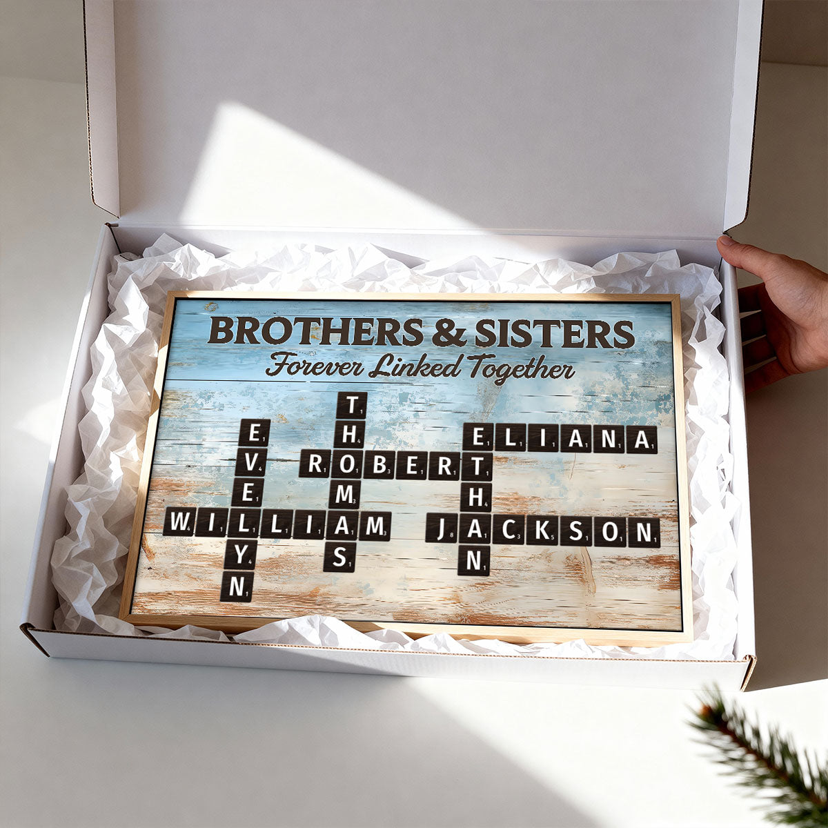 Brothers & Sisters Forever Linked Together Crossword Puzzle Art Blue Wood Palette - Personalized Poster - Gift For Siblings, Family