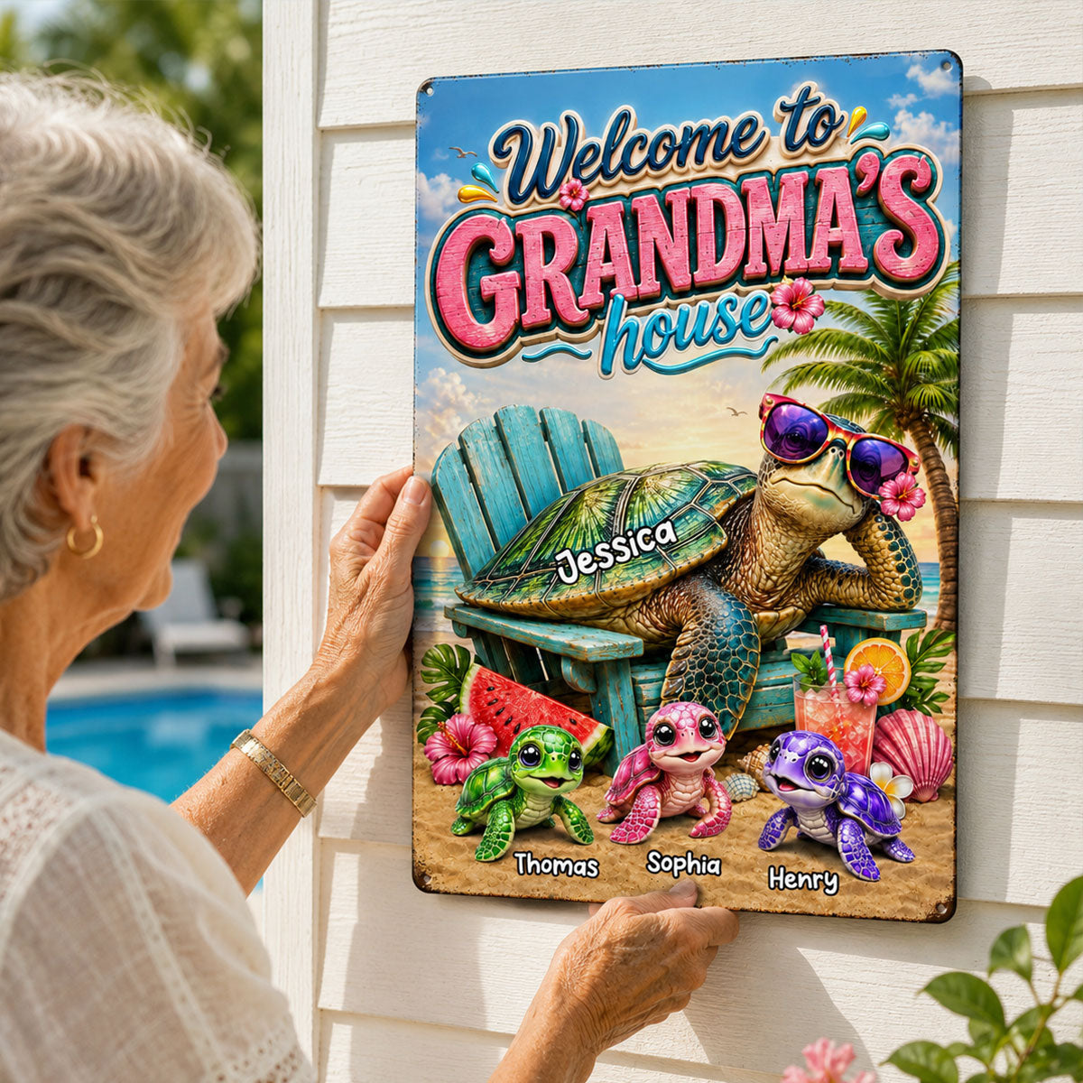 Welcome to Grandma's House Turtle Grandma - Personalized Metal Sign - Summer Decor for Her