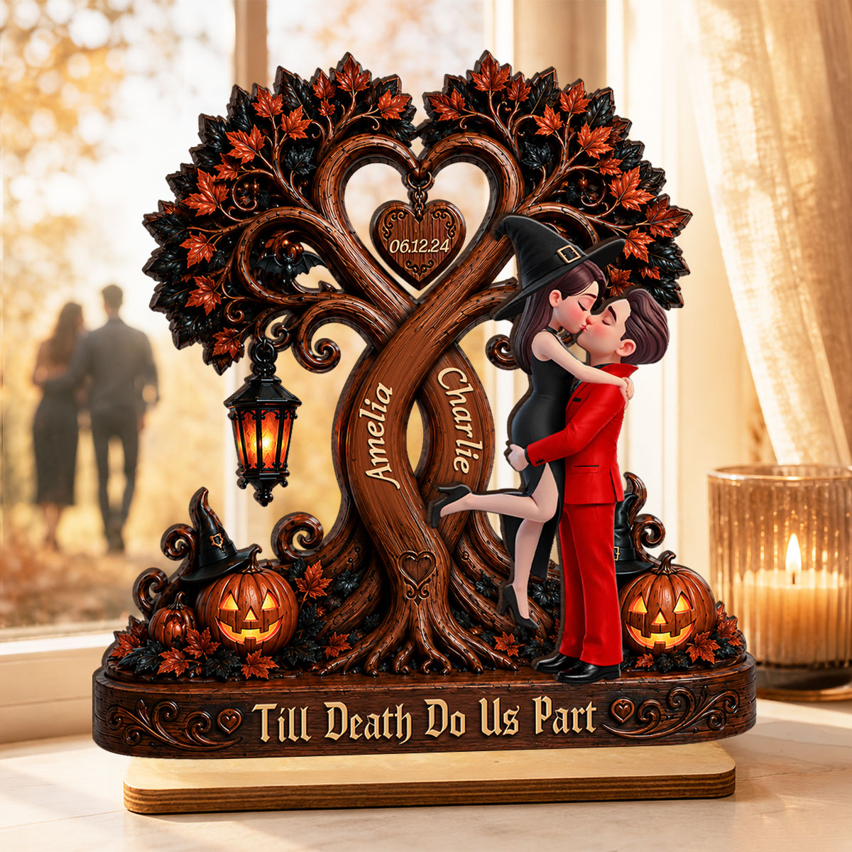 Couple Kissing Under Halloween Tree - Personalized 2-Layered Wooden Plaque - Halloween Decor for Her, for Him