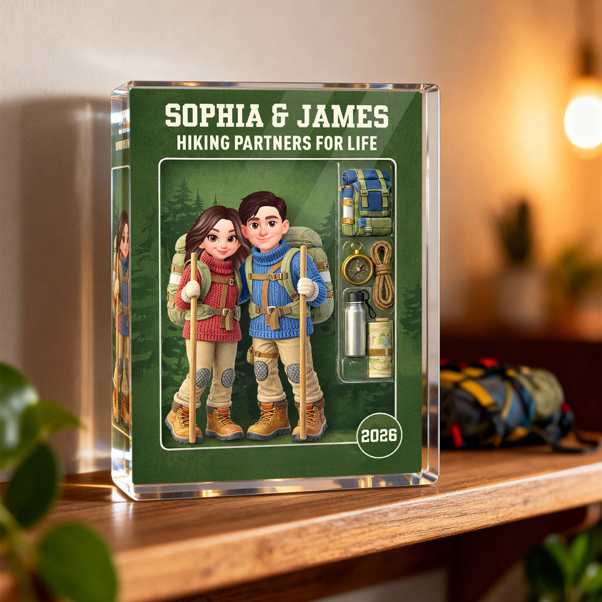 Hiking Couple Action Figure - Personalized Acrylic Block Plaque - Anniversary, Valentine's Day Gift, Gift For Him, Gift For Her