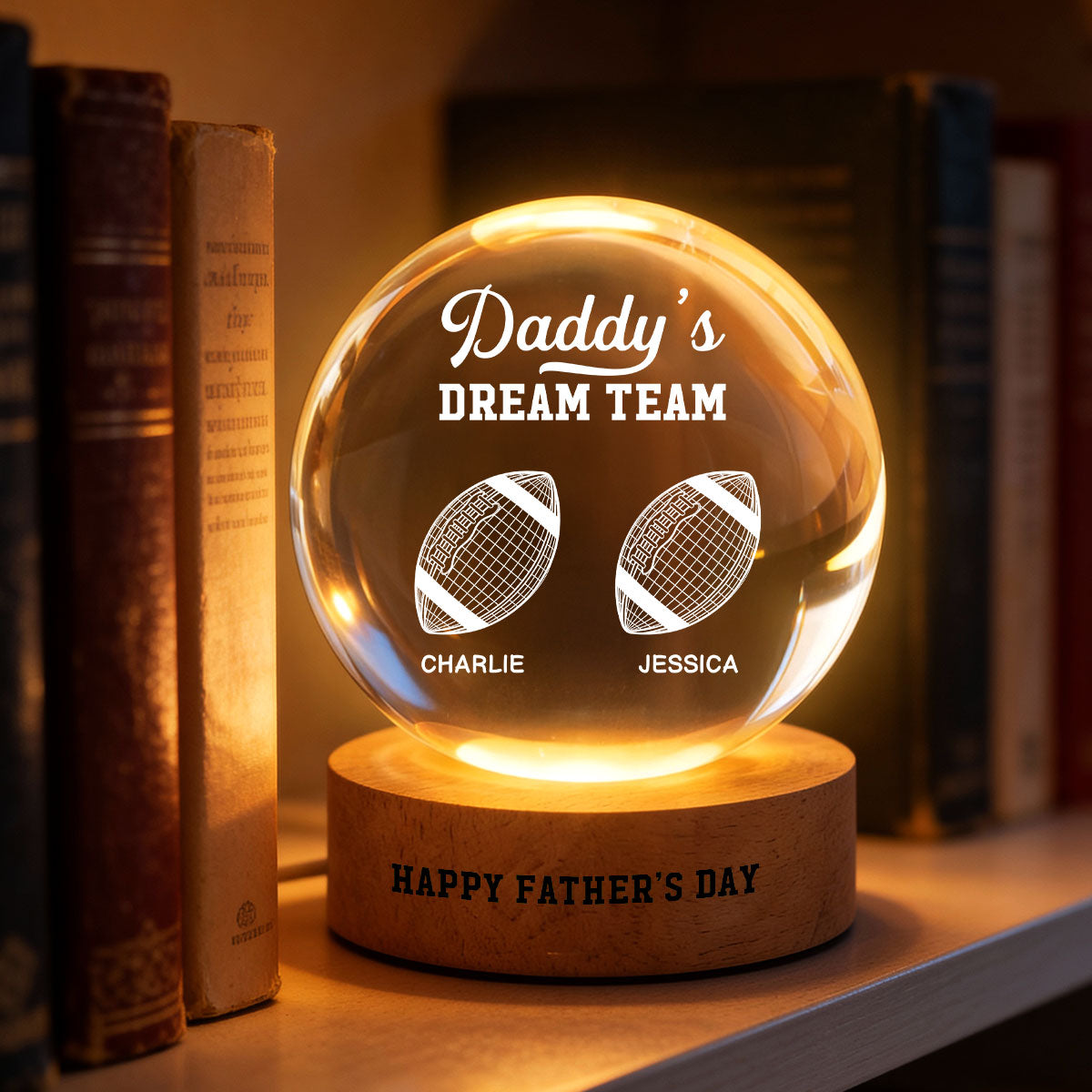 American Football Daddy's Dream Team Illusion Style - Personalized Crystal Ball LED Night Light -  Gift For Dad, Husband