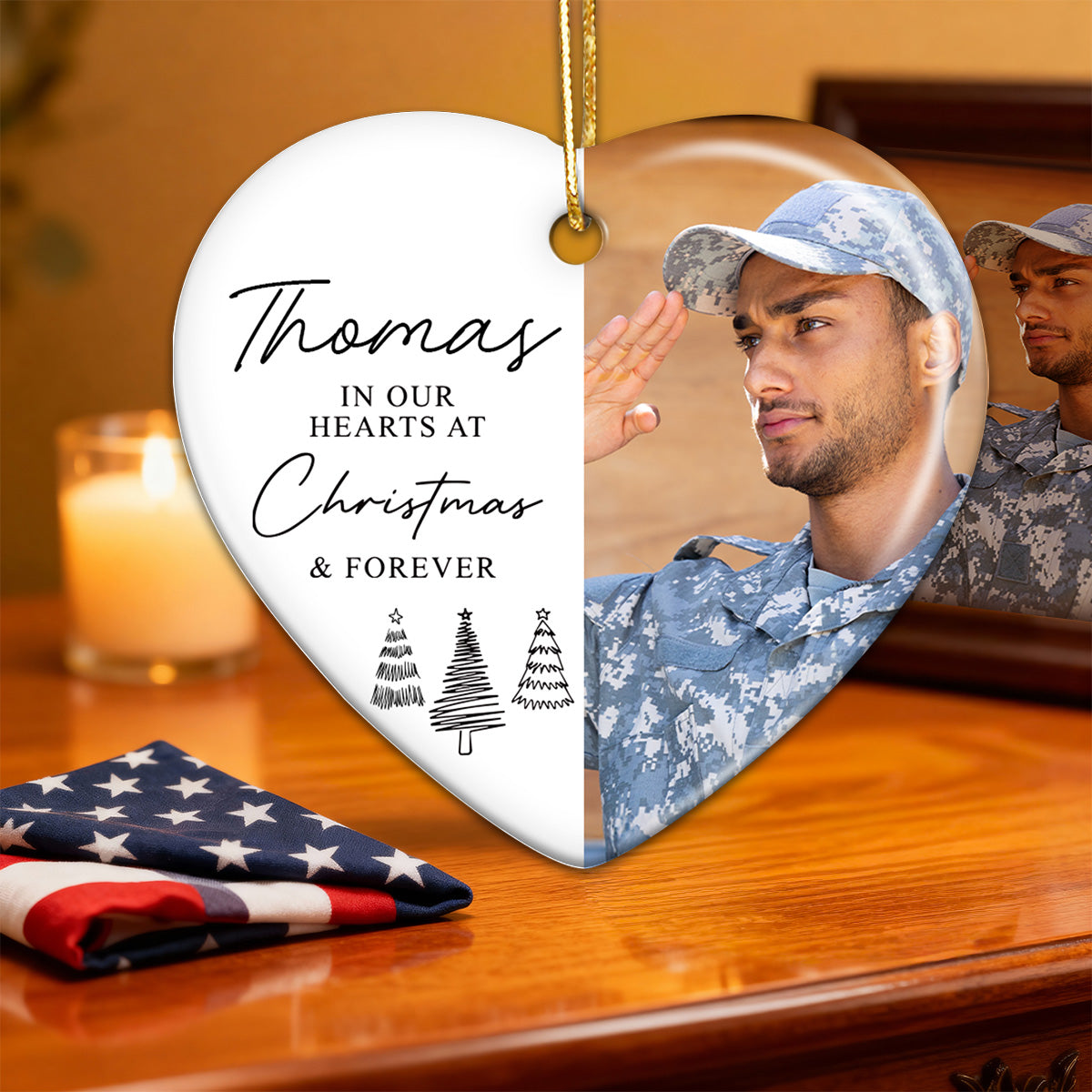 In Our Hearts At Christmas & Forever Custom Photo - Personalized Ceramic Ornament - Remembrance Keepsake, Memorial Gift