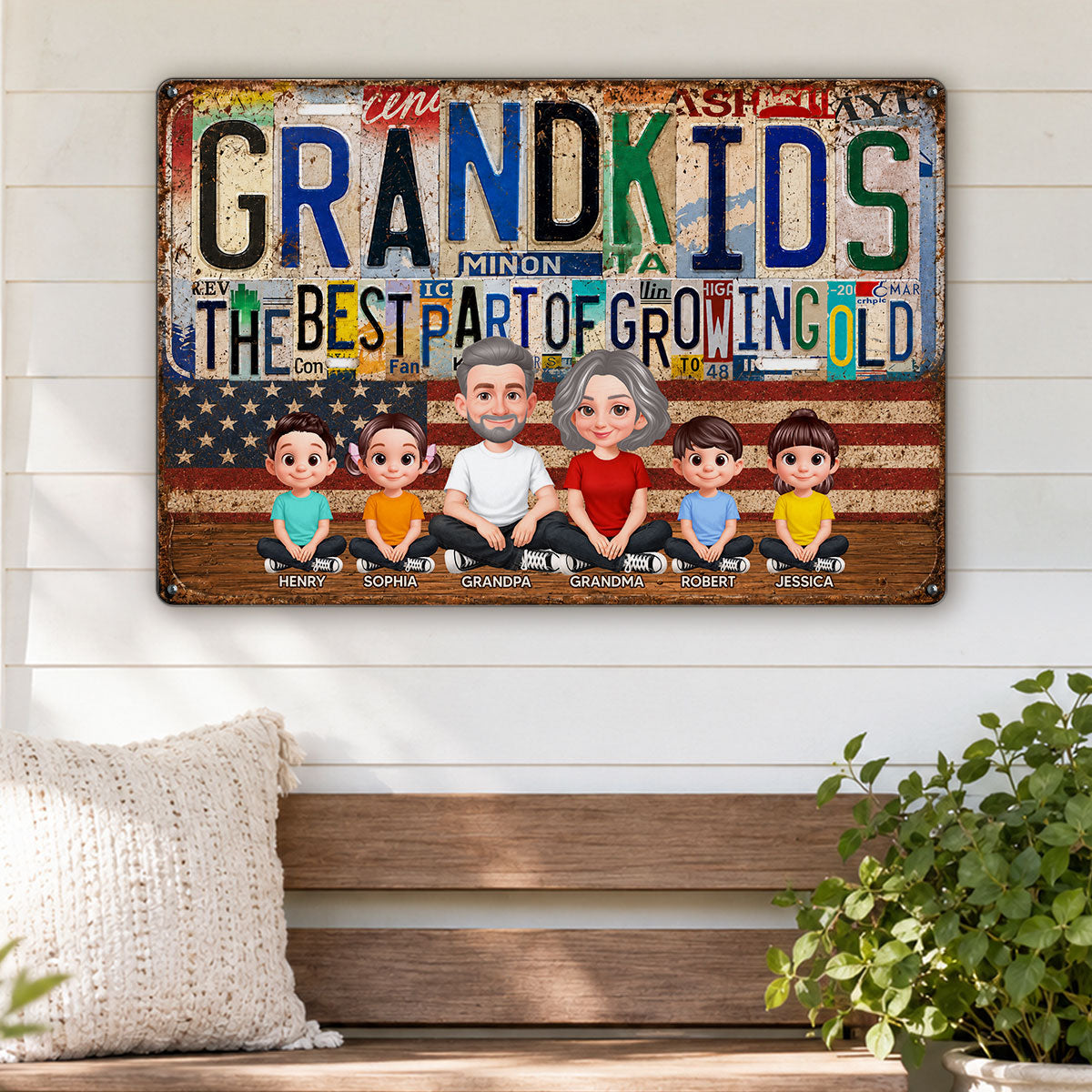 Grandkids Best Part Of Growing Old License Plate Style - Personalized Metal Sign - Gift For Grandparents, Patriotic Rustic Vintage