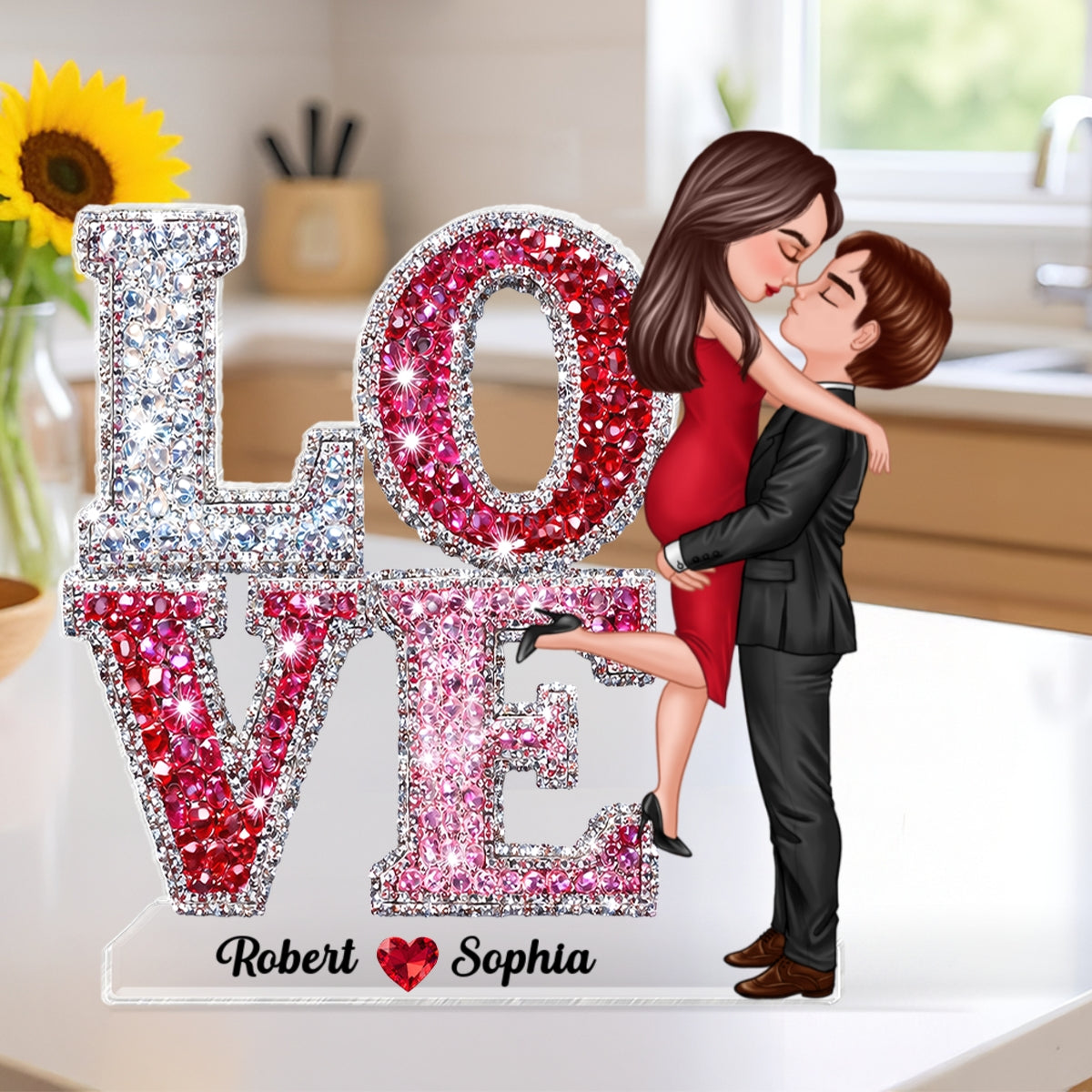 3D Effect Rhinestones Couple Love - Personalized Acrylic Block Plaque - Heartfelt Gift for Her, for Him