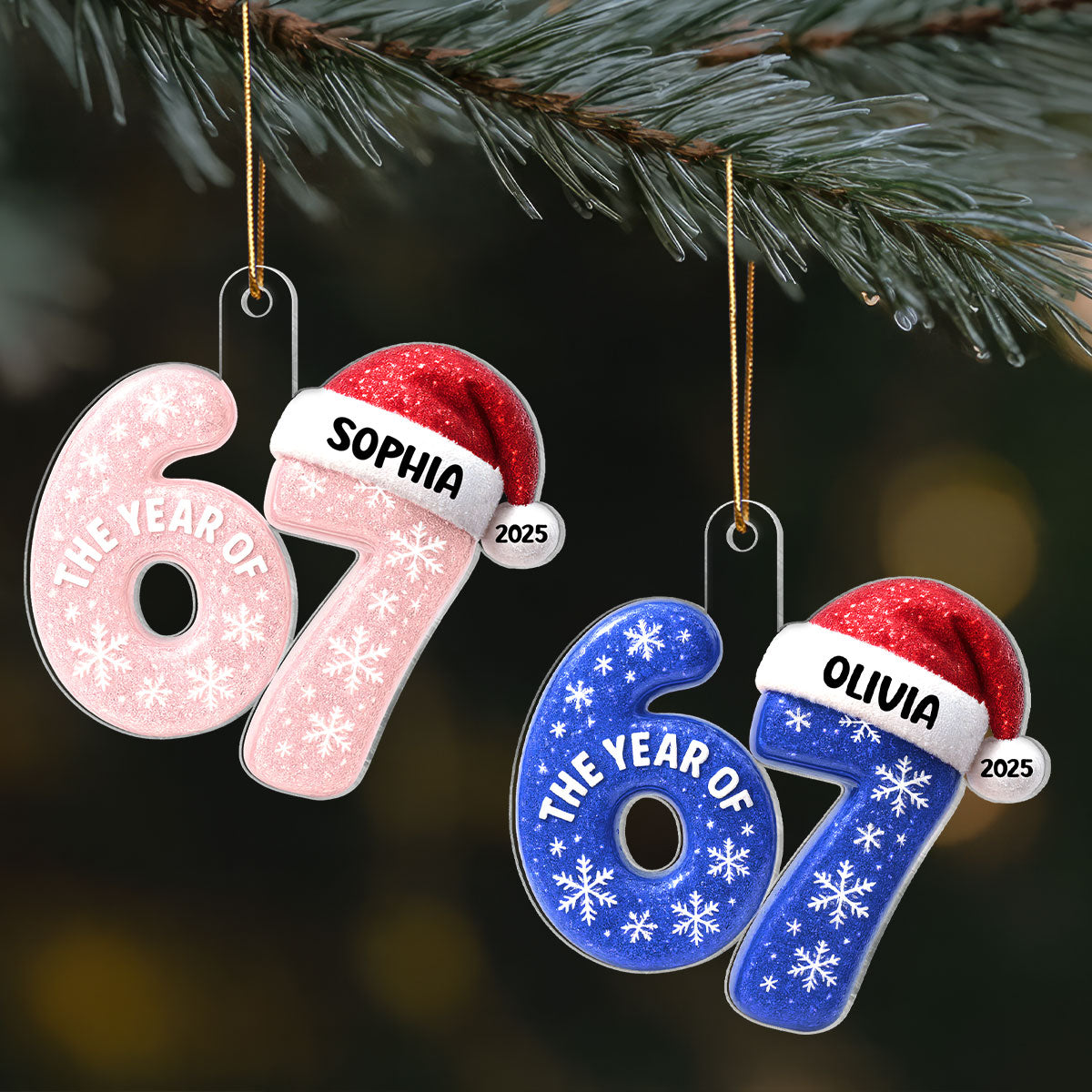 3D Glitter Effect 67 Six Seven 2025 Slang - Personalized Acrylic Ornament - Funny Christmas Gift For Teen, Grandkid, Gen Alpha