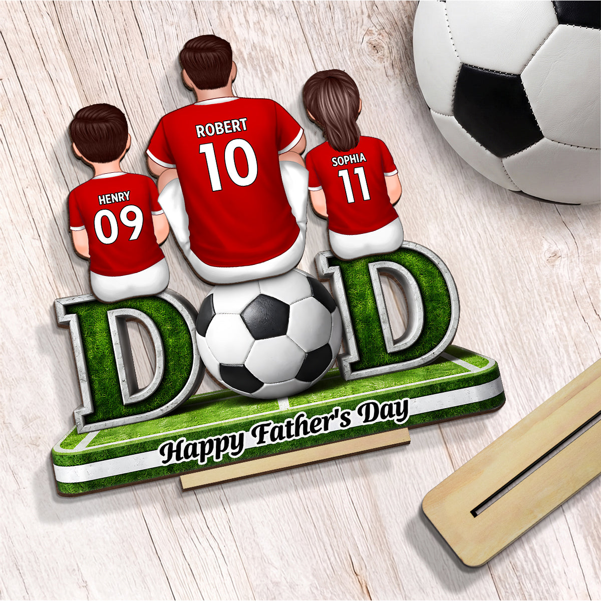 Soccer Dad And Kids Sitting Together - Personalized 2-Layered Wooden Plaque - Heartfelt Gift For Soccer Dad, Gift For Husband