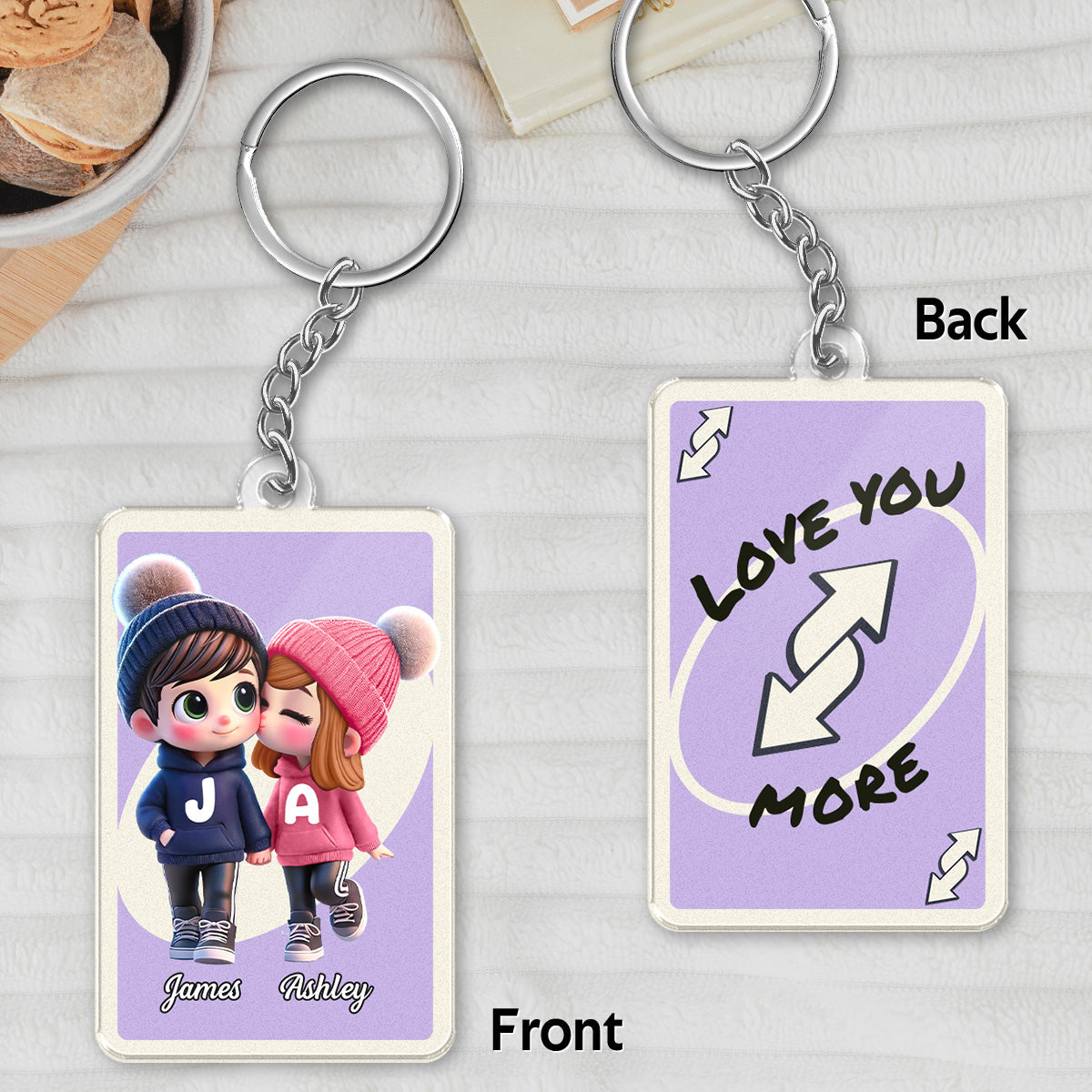 Love You More Game Card Style Cartoon Couple - Personalized Acrylic Keychain - Valentine's Day Gift, Anniversary Gift For Him, For Her