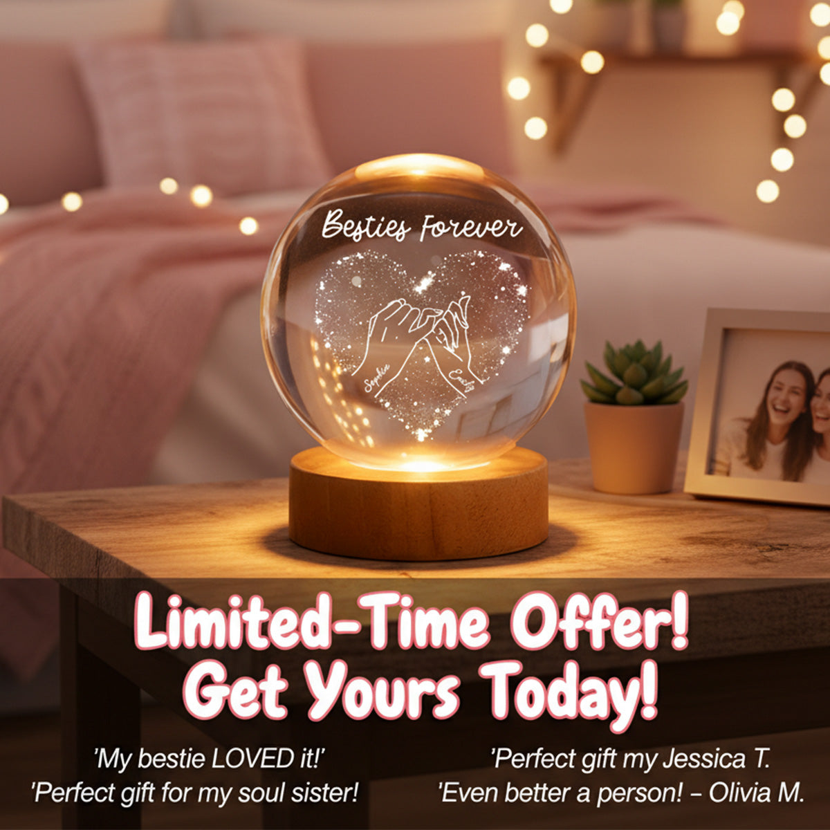 Besties Forever Pinky Promise - Personalized Crystal Ball LED Night Light - Gift For Best Friends