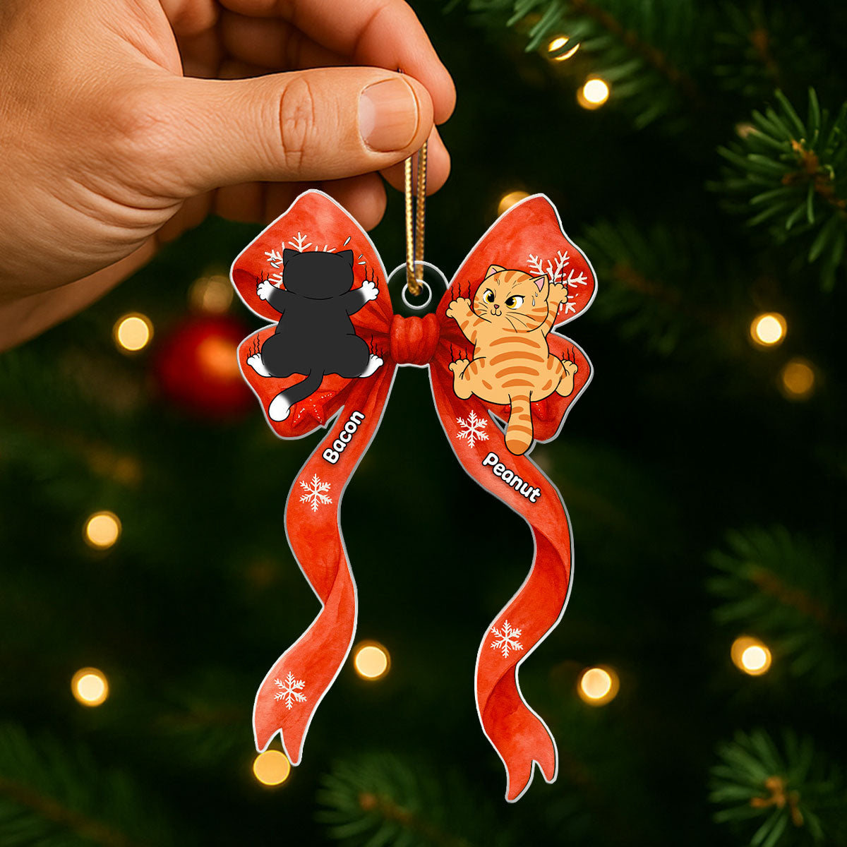 Cat Climbing Christmas Coquette - Personalized Acrylic Ornament - Christmas Gift for Cat Lovers