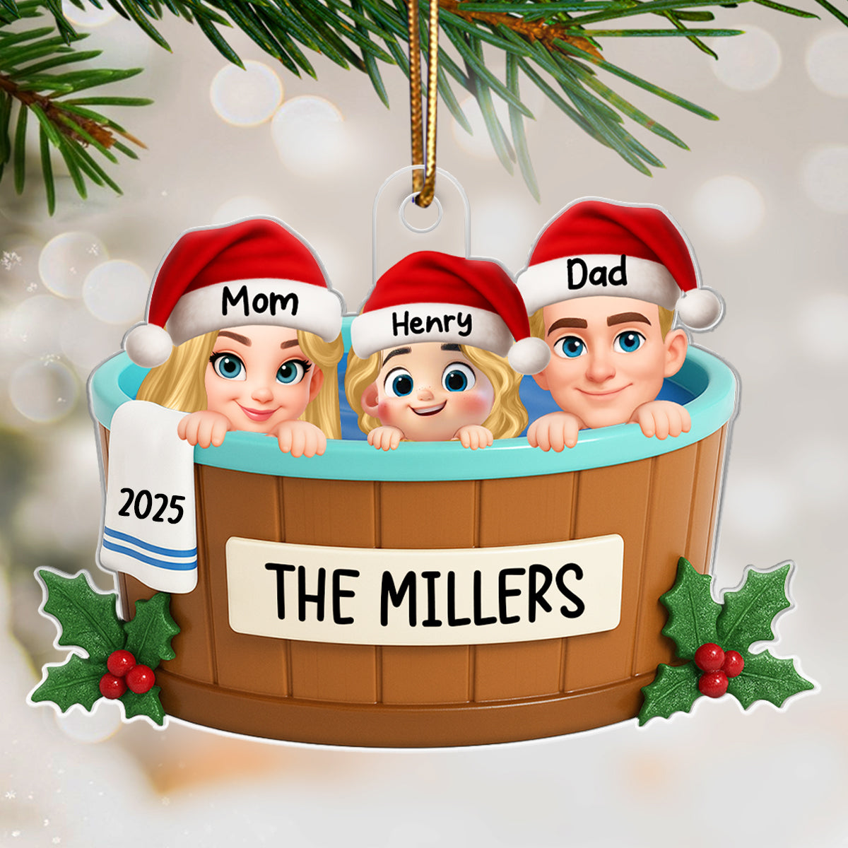 Family Hot Tub Jacuzzi - Personalized Acrylic Ornament - 2025 Christmas Family Ornament