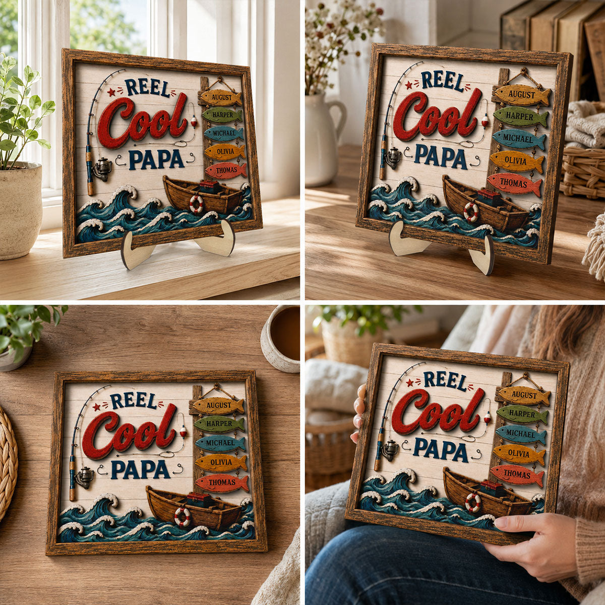 Reel Cool Dad Custom Kids Names Fishing - Personalized Wooden Plaque - Father’s Day Gift For Dad
